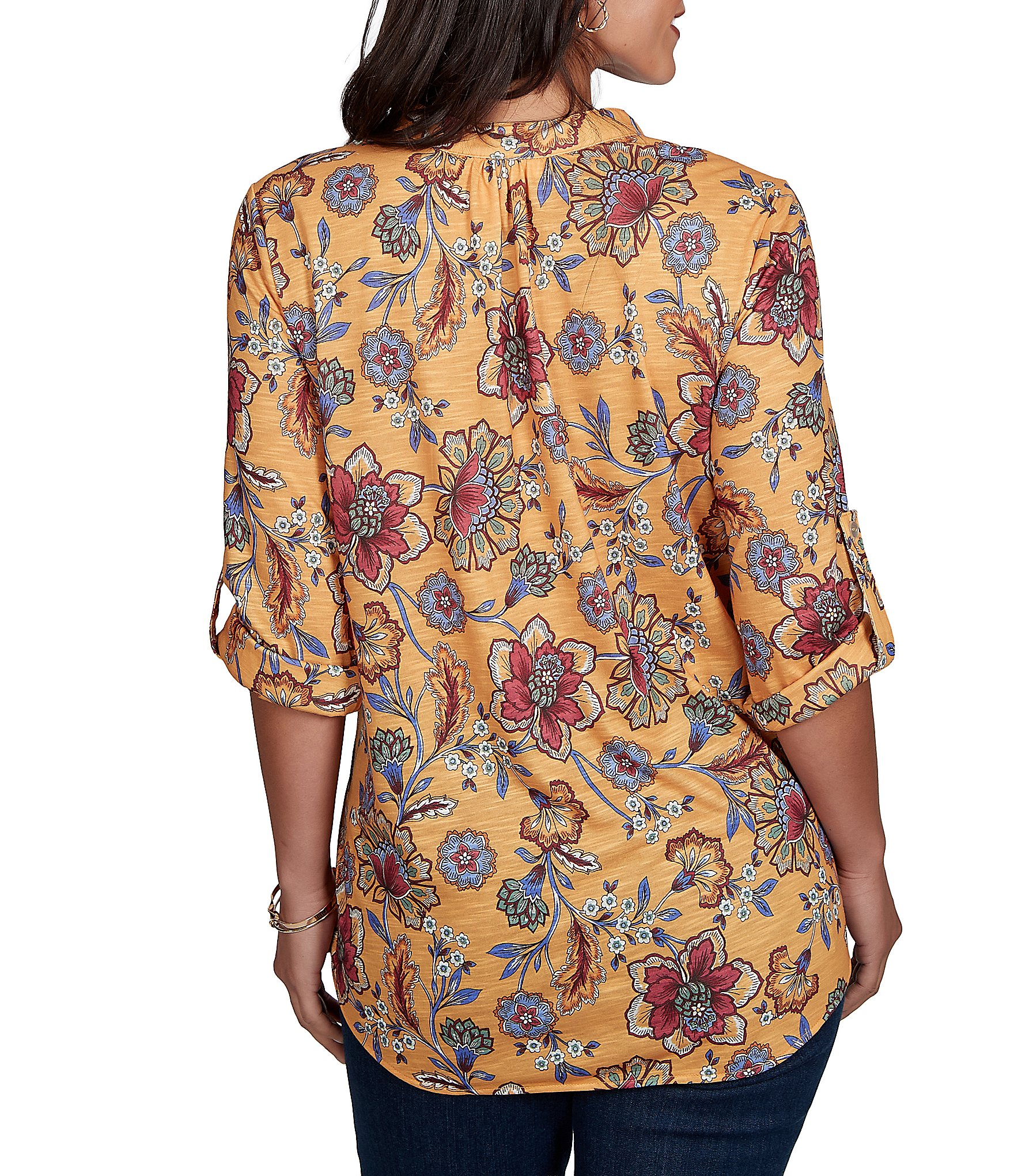 Ruby Rd. Slub Jersey Floral Vines Split V-Neck Elbow Roll-Tab Sleeve Button-Front Shirt