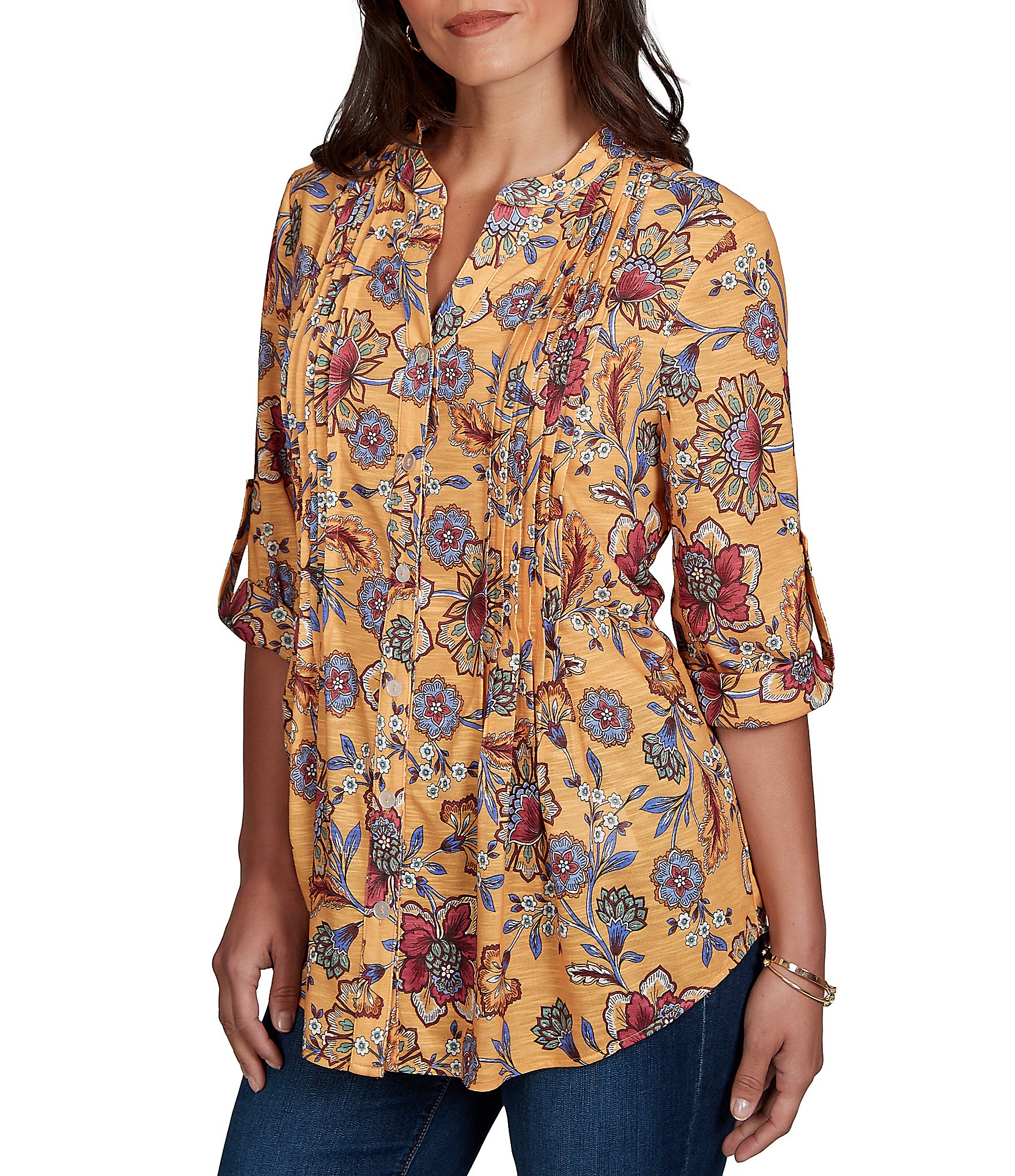 Ruby Rd. Slub Jersey Floral Vines Split V-Neck Elbow Roll-Tab Sleeve Button-Front Shirt