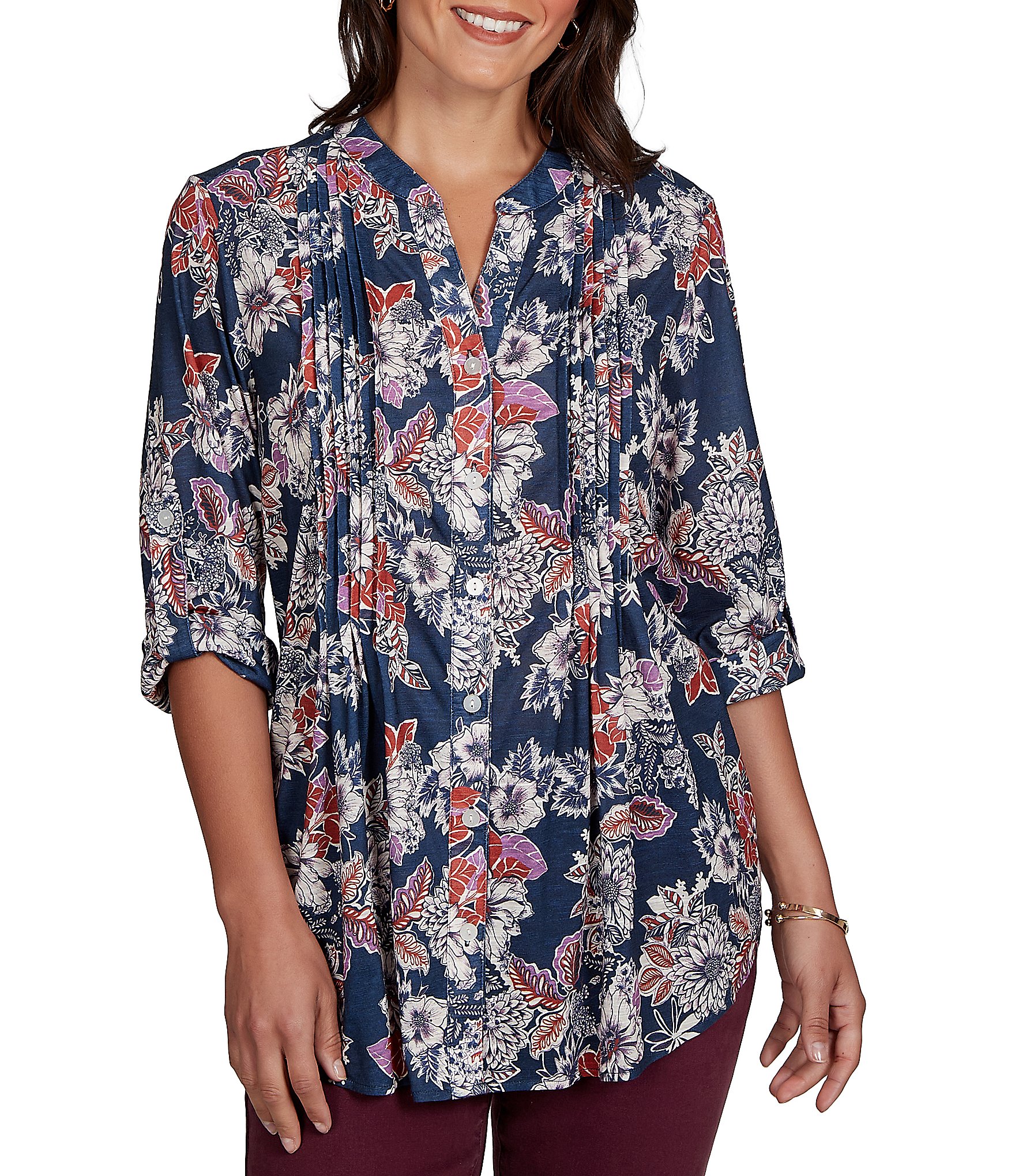 Ruby Rd. Slub Jersey Kensington Inspired Floral Split V-Neck Elbow Roll-Tab Sleeve Button-Front Shirt