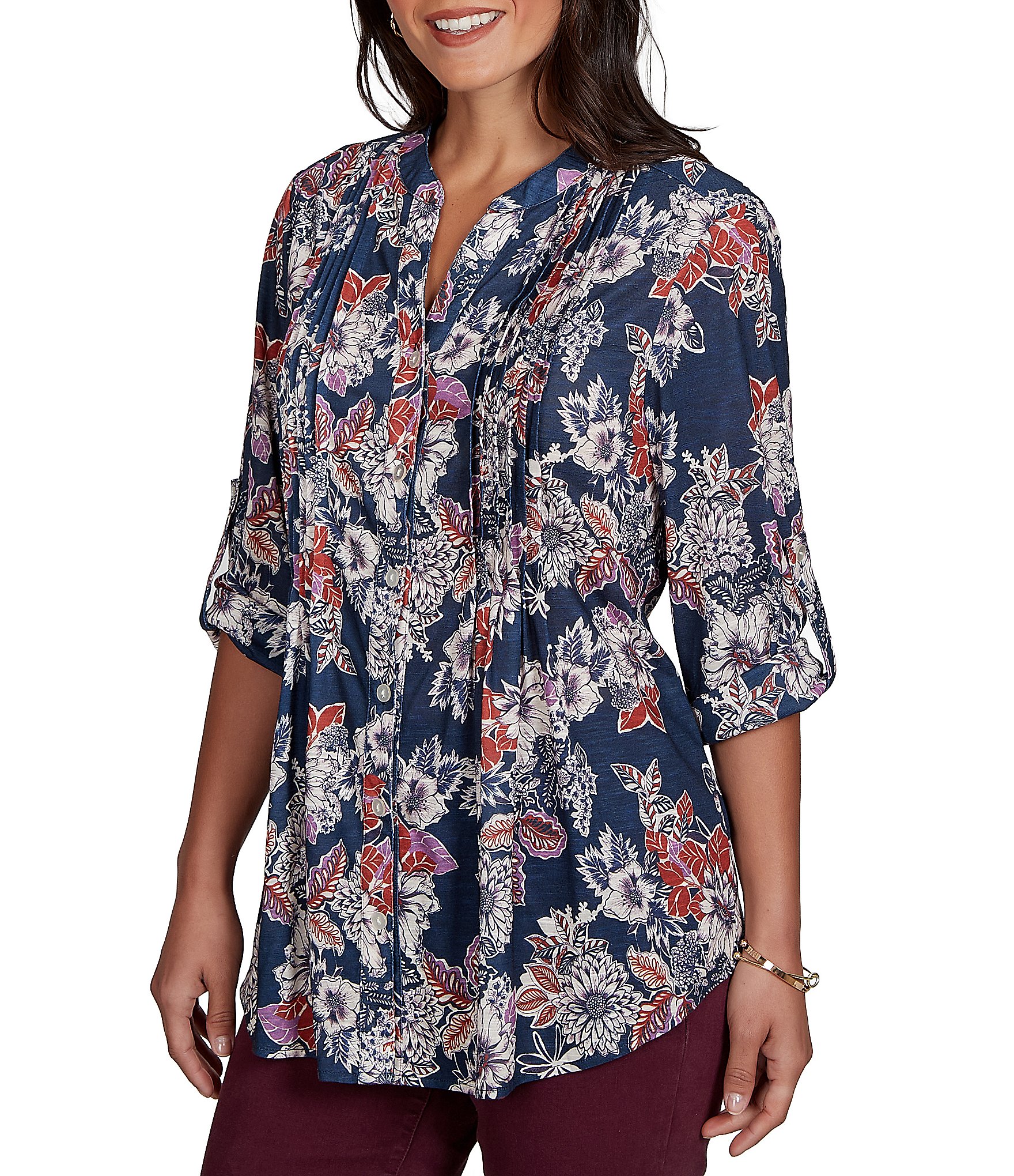 Ruby Rd. Slub Jersey Kensington Inspired Floral Split V-Neck Elbow Roll-Tab Sleeve Button-Front Shirt