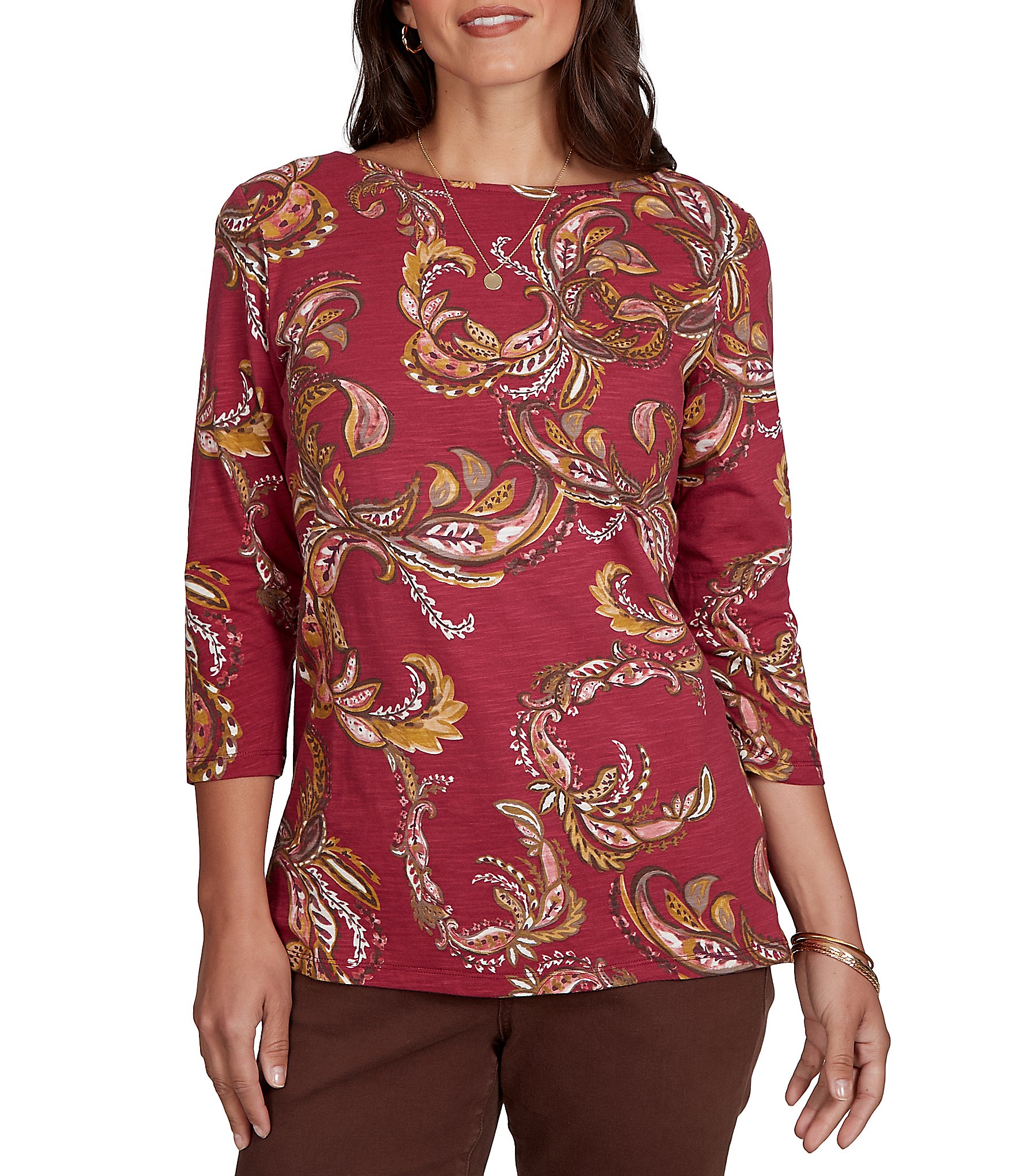 Ruby Rd. Slub Knit Paisley Boat Neck 3/4 Sleeve Top