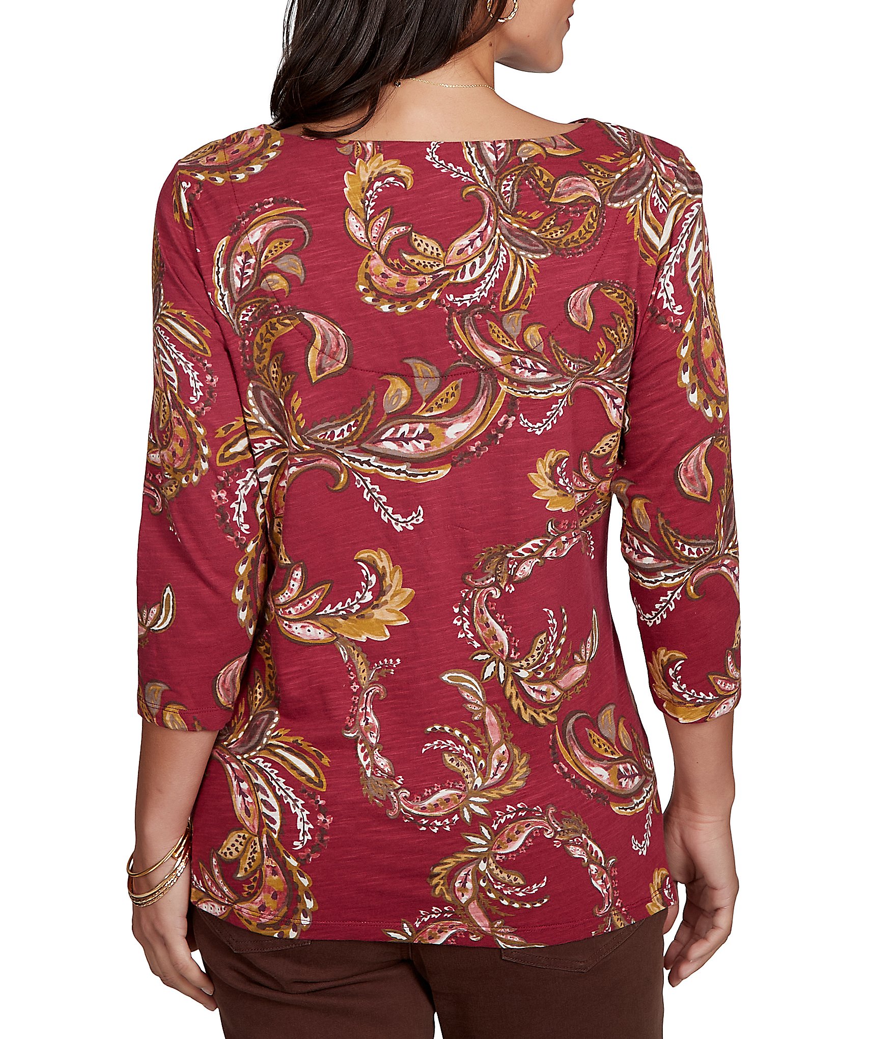 Ruby Rd. Slub Knit Paisley Boat Neck 3/4 Sleeve Top