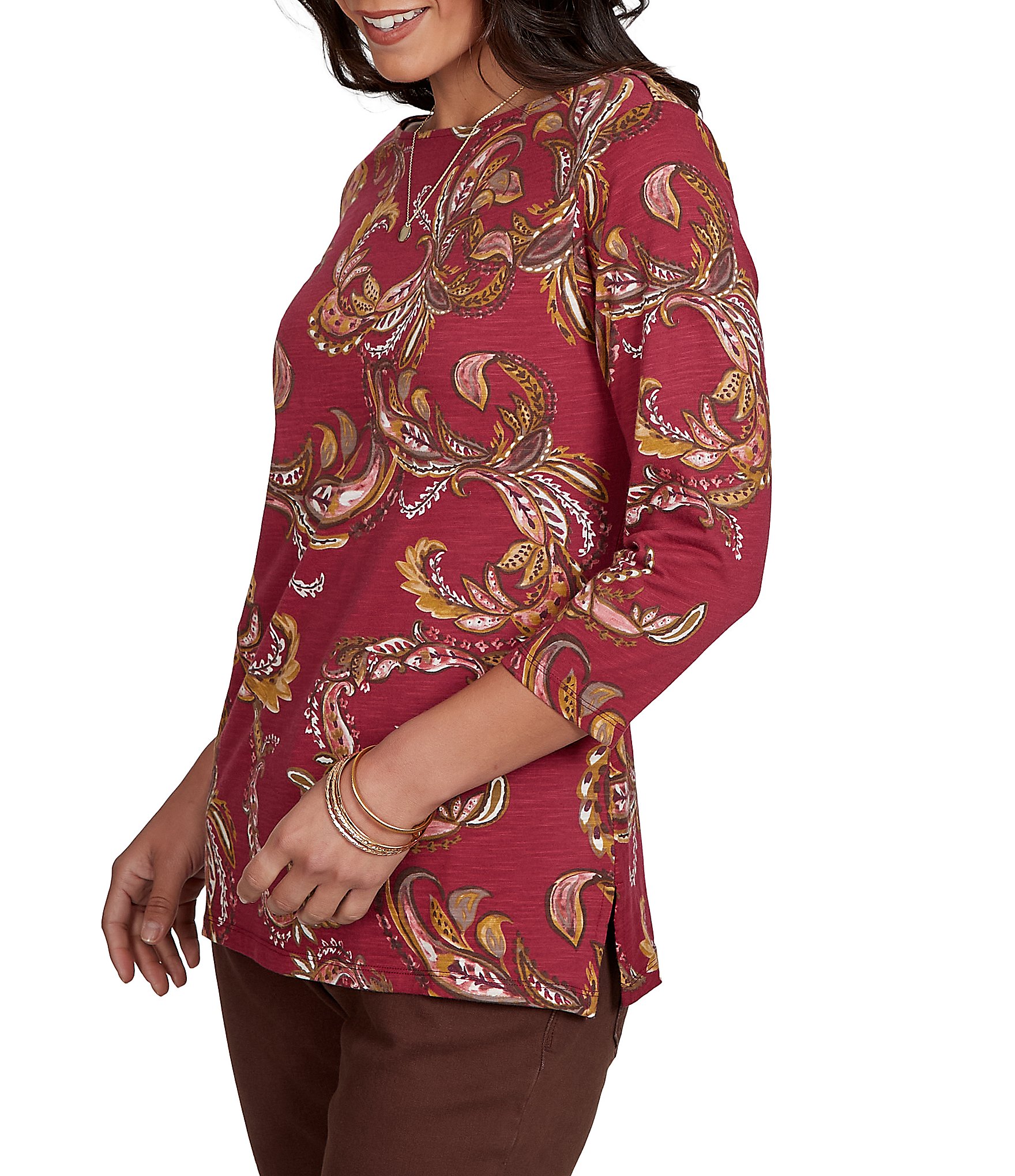 Ruby Rd. Slub Knit Paisley Boat Neck 3/4 Sleeve Top