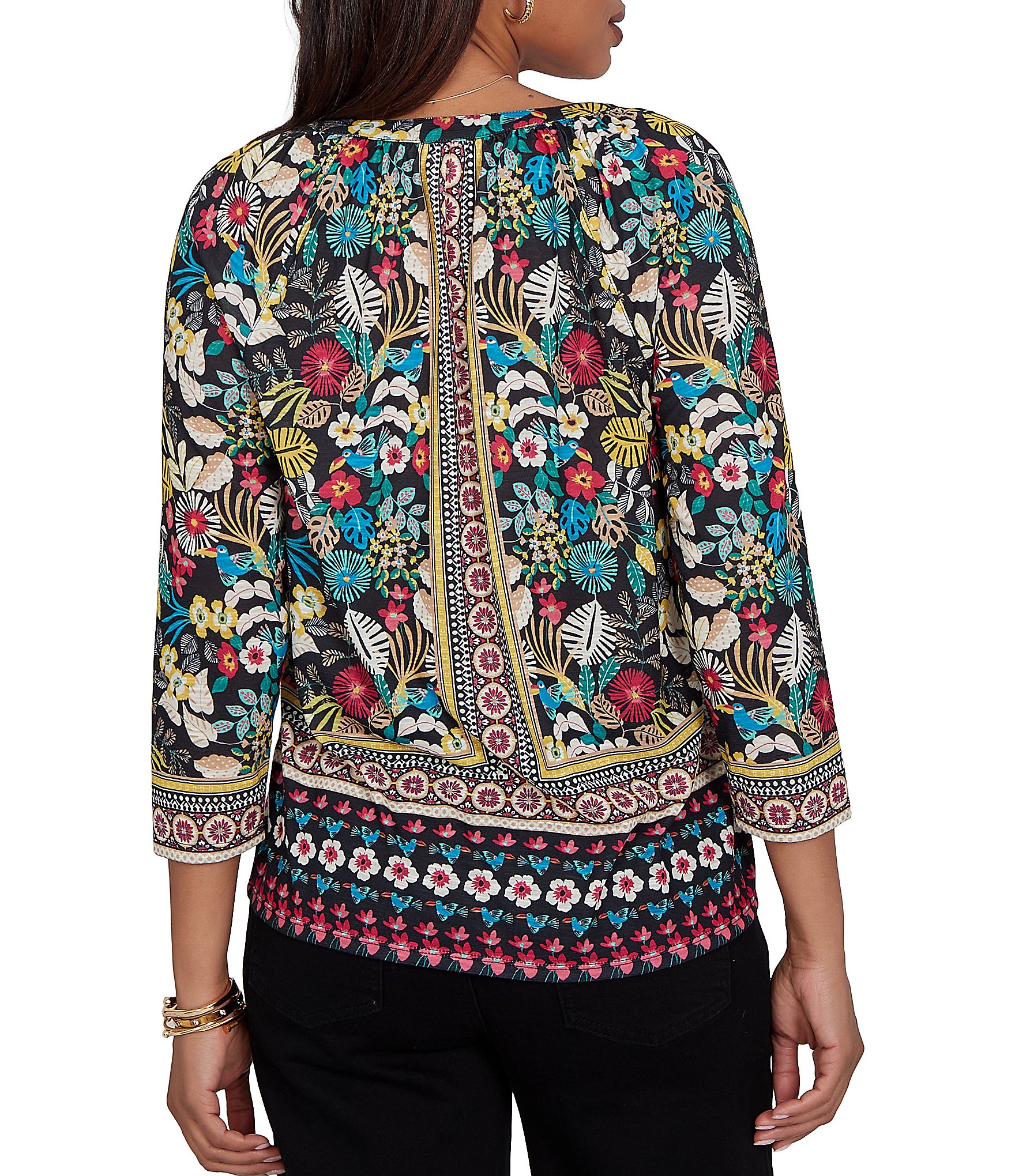 Ruby Rd. Slub Knit Vibrant Paradise-Inspired Split V-Neck Cuffed 3/4 Sleeve Top