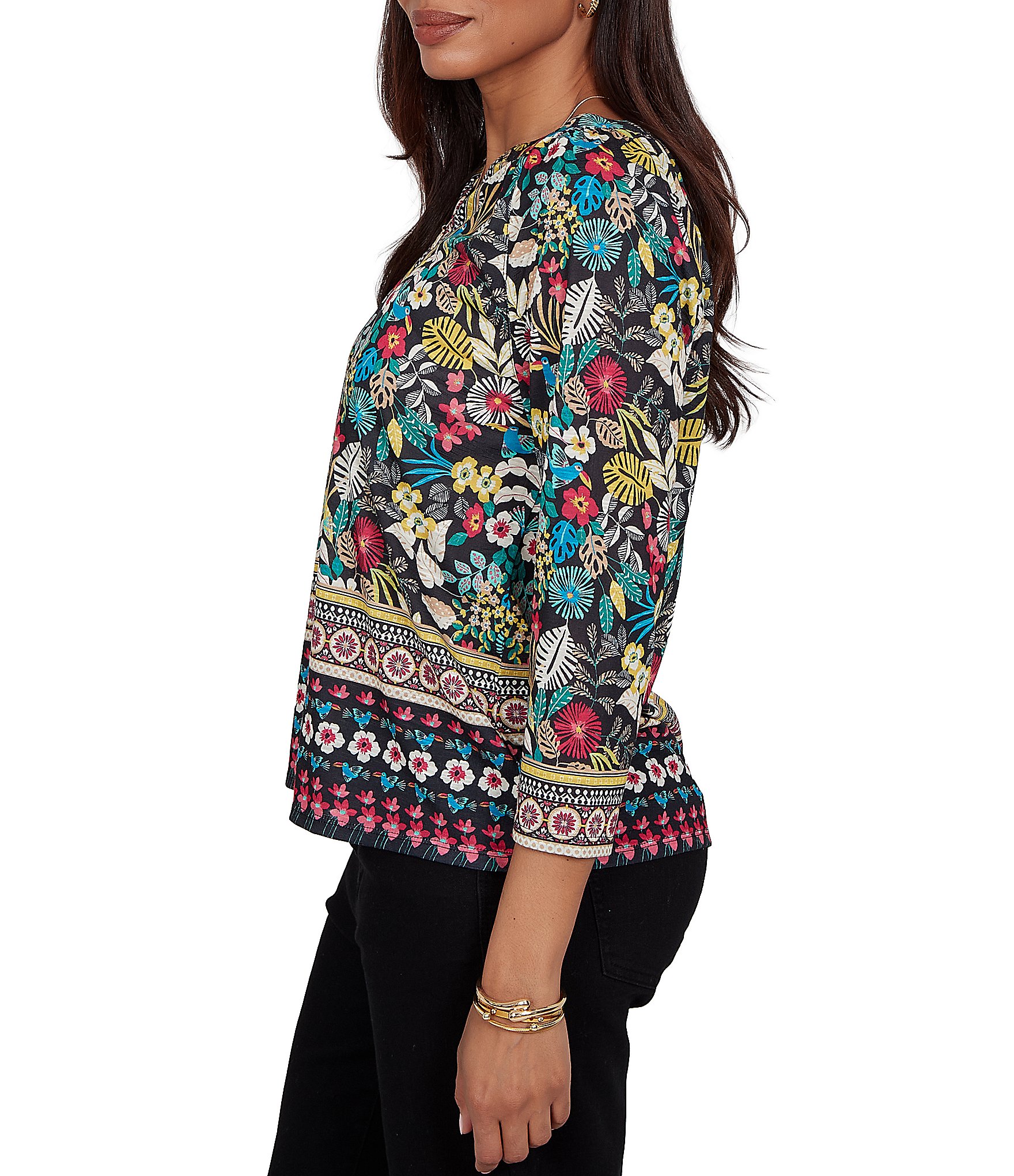 Ruby Rd. Slub Knit Vibrant Paradise-Inspired Split V-Neck Cuffed 3/4 Sleeve Top
