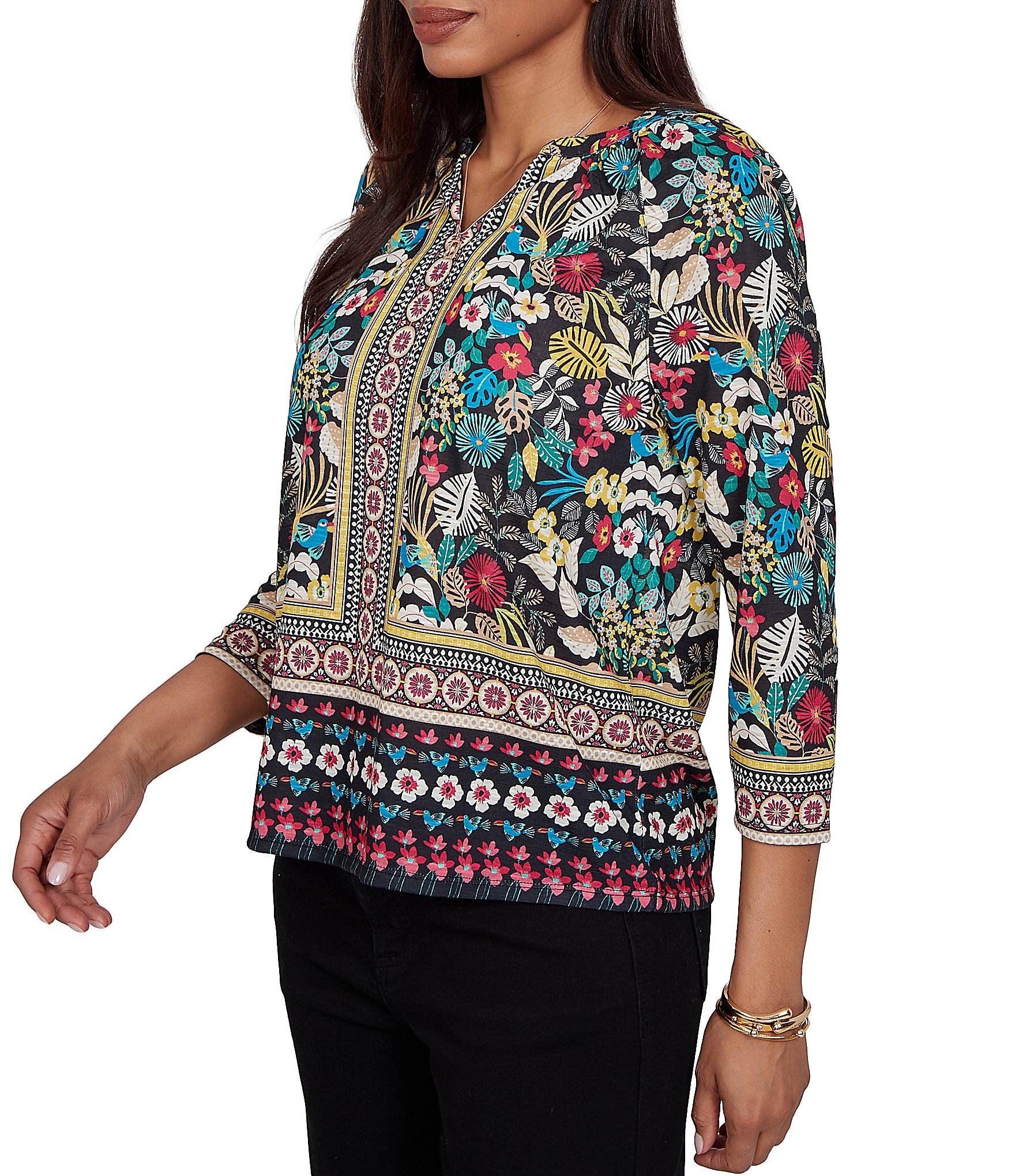 Ruby Rd. Slub Knit Vibrant Paradise-Inspired Split V-Neck Cuffed 3/4 Sleeve Top