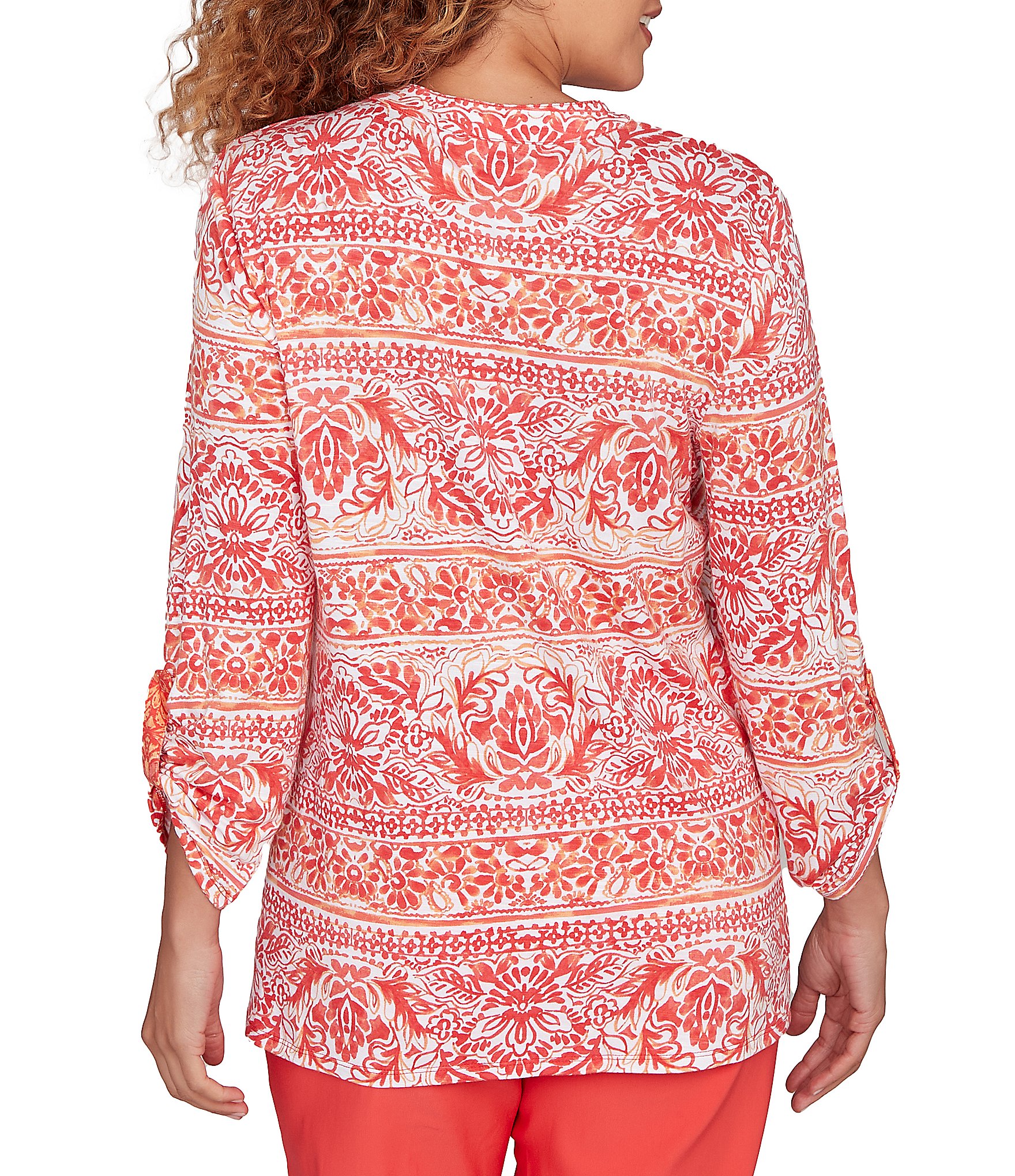 Ruby Rd. Slub Knit Woodblock V-Neck 3/4 Roll-Tab Sleeve Top