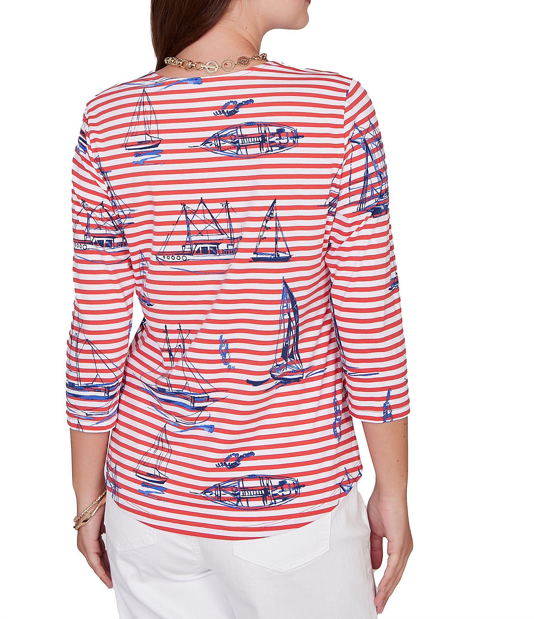 Ruby Rd. Soft Cotton Jersey Allover Sailboat Stripe Print Embroidered Accents Square Neck 3/4 Sleeve Top