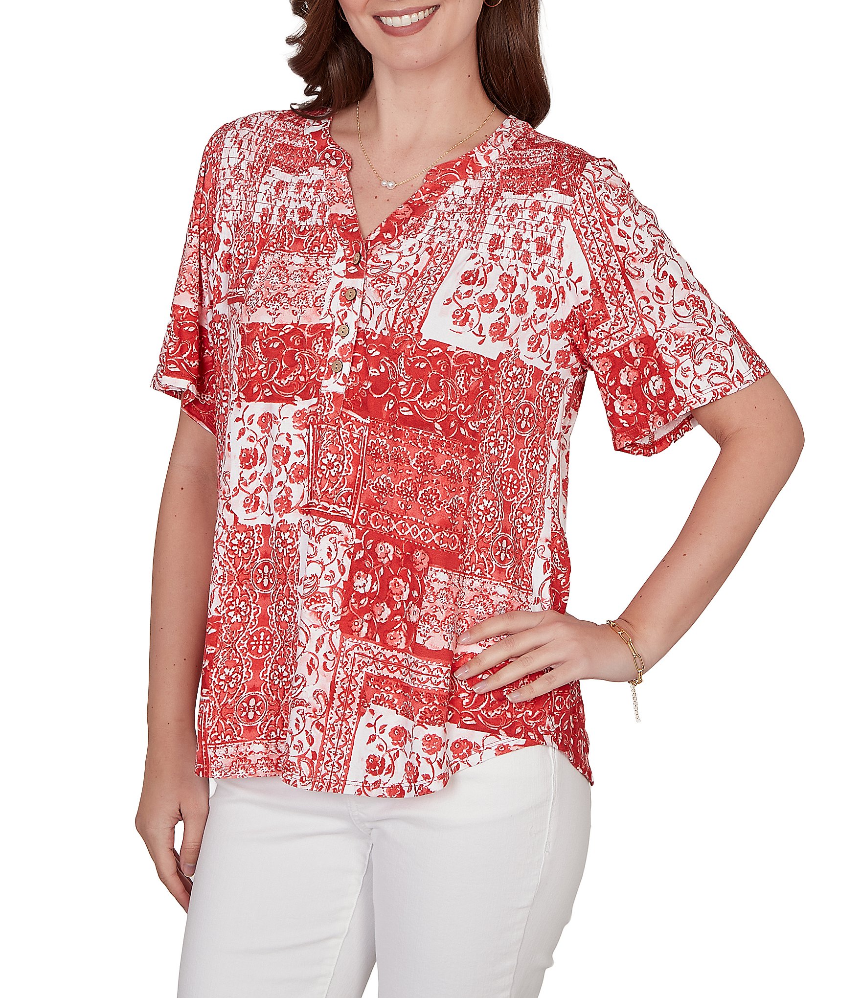 Ruby Rd. Soft Knit Patchwork Print Split V-Neck Short Sleeve Tee Top