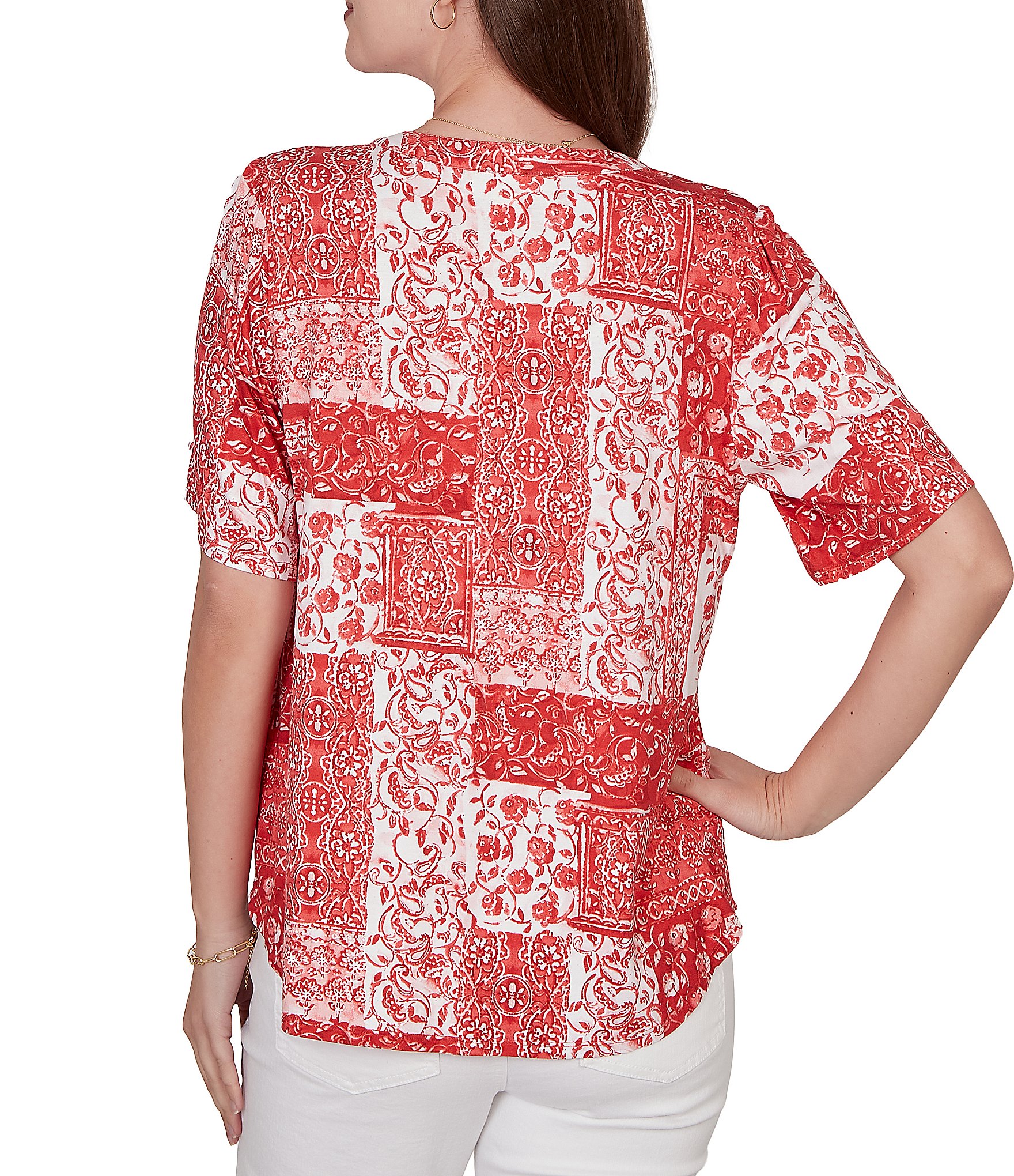 Ruby Rd. Soft Knit Patchwork Print Split V-Neck Short Sleeve Tee Top