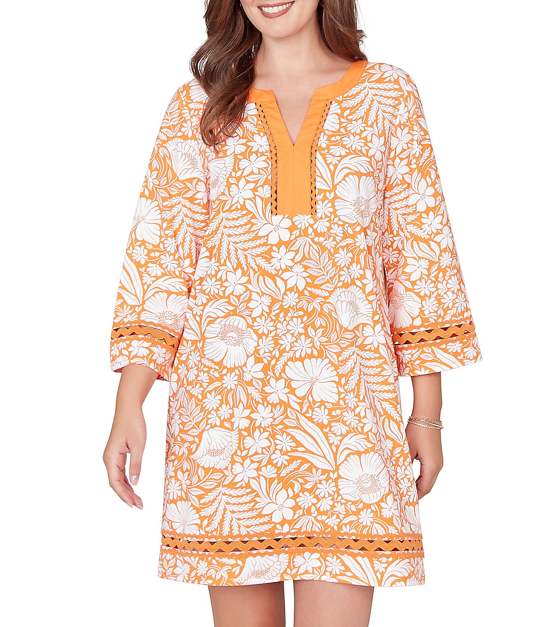 Ruby Rd. Soft Knit Tropical Print Split Round Neck 3/4 Sleeve Shift Dress
