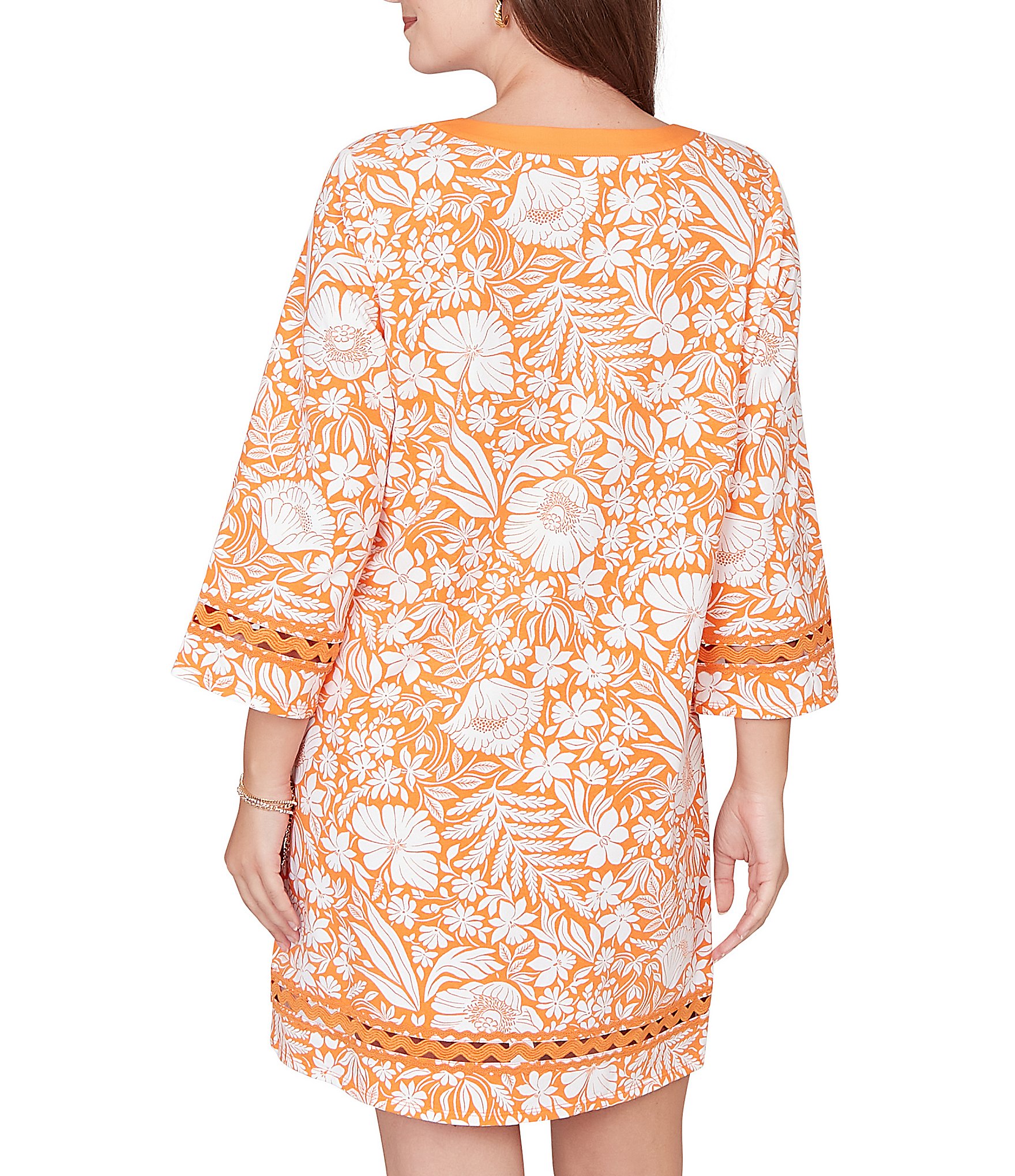 Ruby Rd. Soft Knit Tropical Print Split Round Neck 3/4 Sleeve Shift Dress