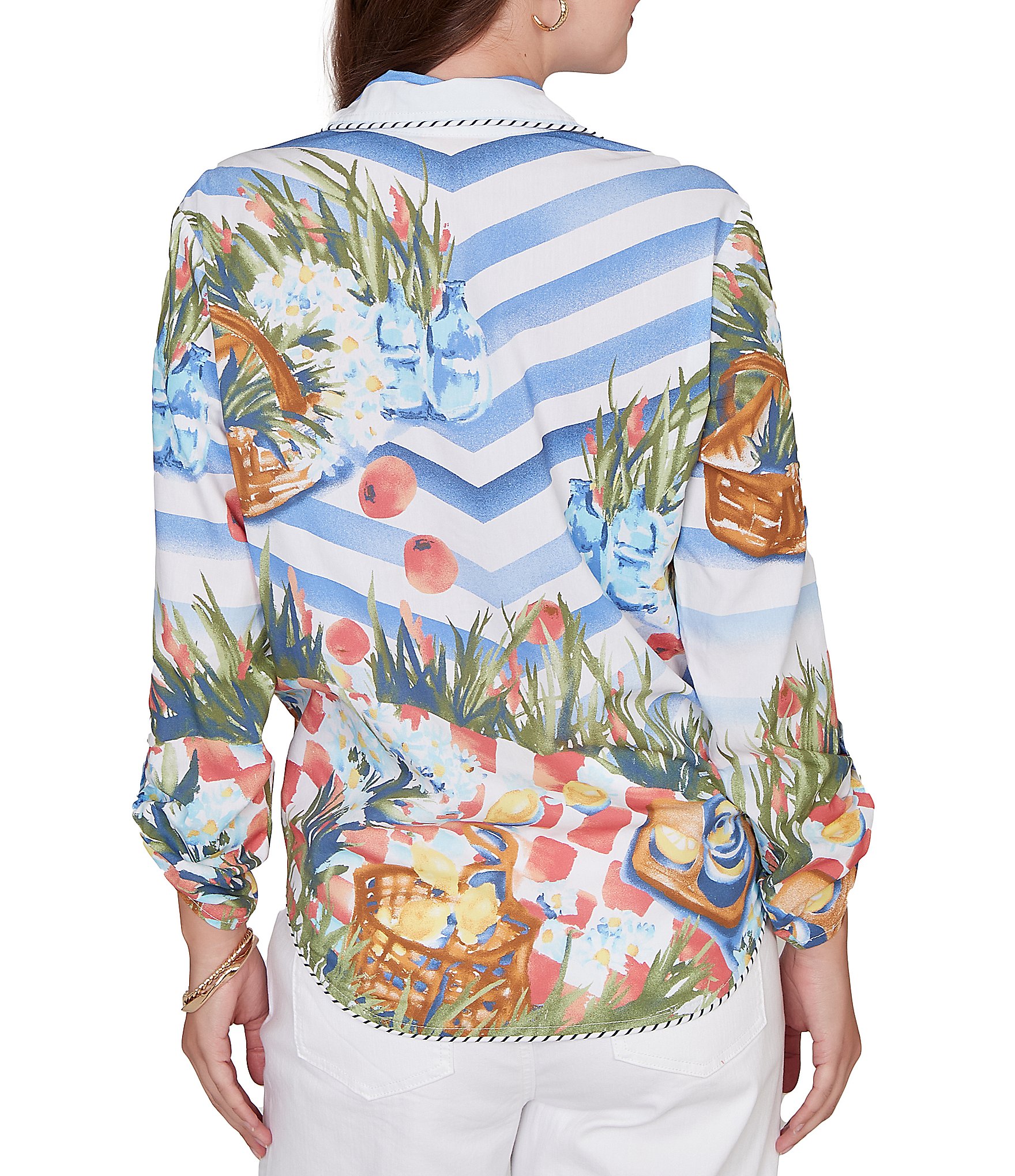 Ruby Rd. Soft Poplin Woven Conversational Print Collared 3/4 Sleeve Picnic Top