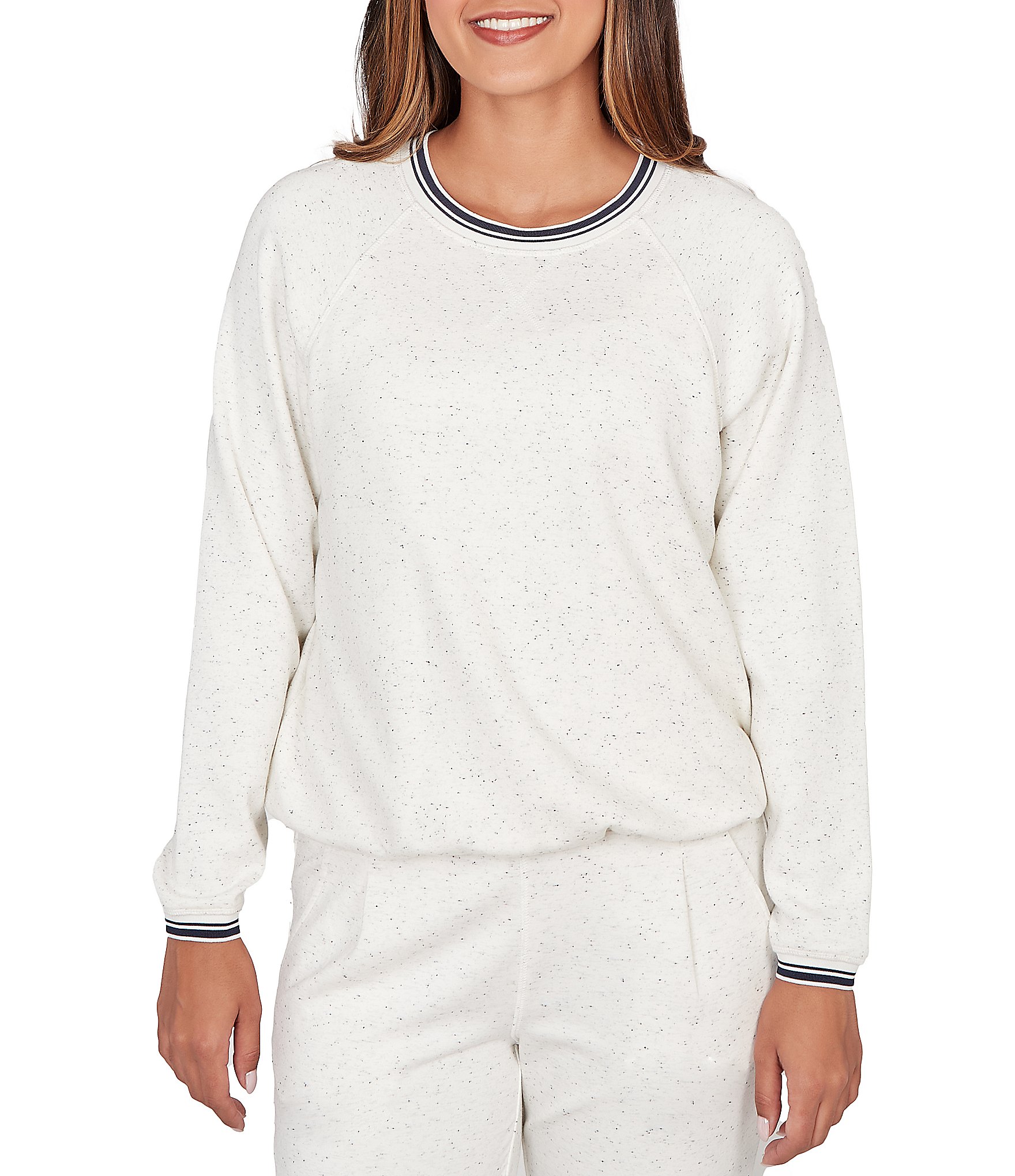 Ruby Rd. Soft Speckled Knit Stripe Trim Top