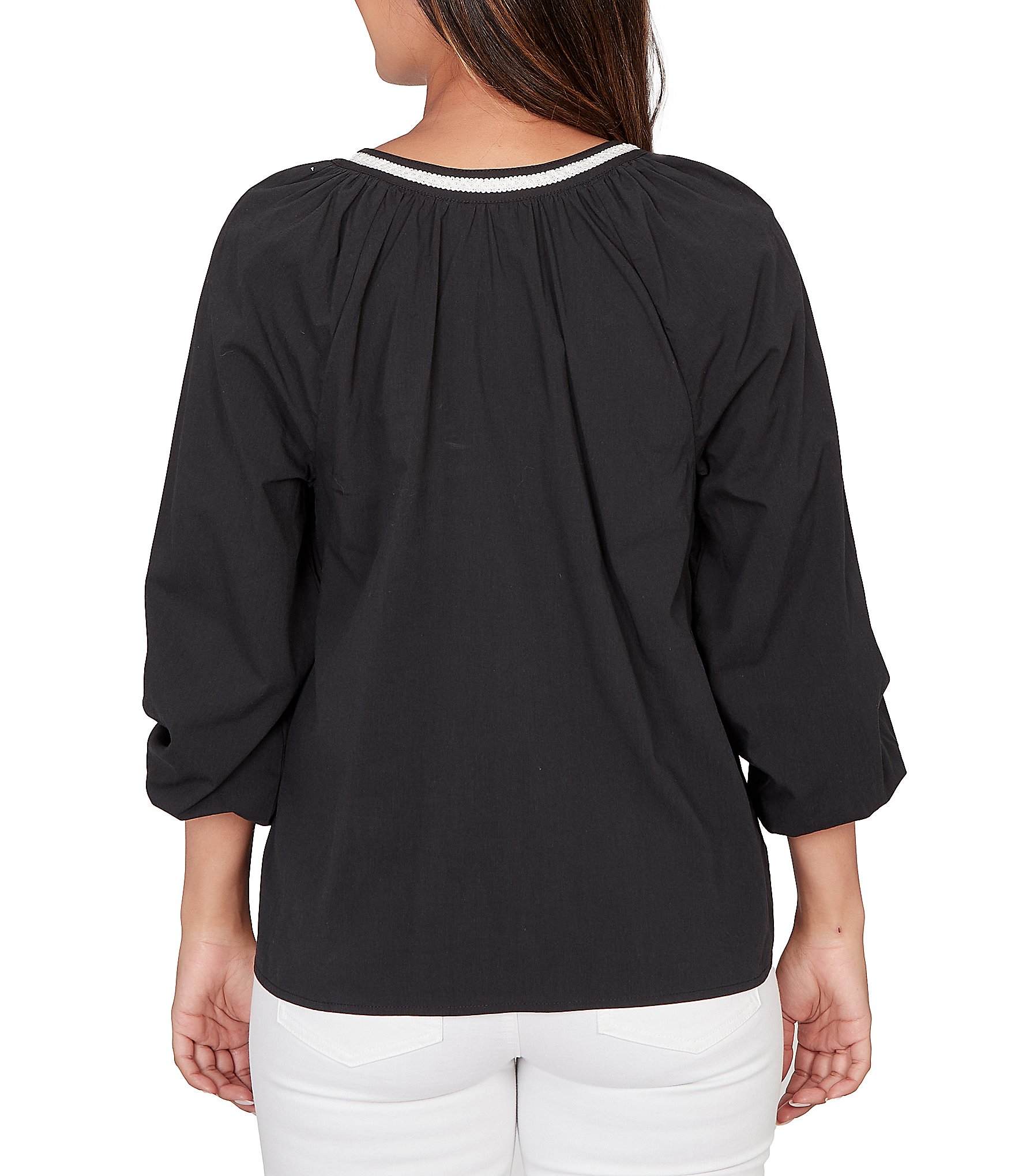 Ruby Rd. Soft Woven Embroidered Split V-Neck 3/4 Sleeve Top