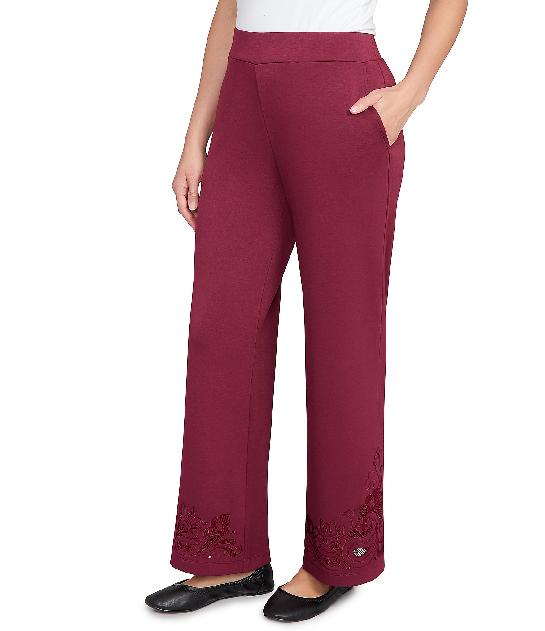 Ruby Rd. Solid Scuba Embroidered Wide Leg Pull-On Pants