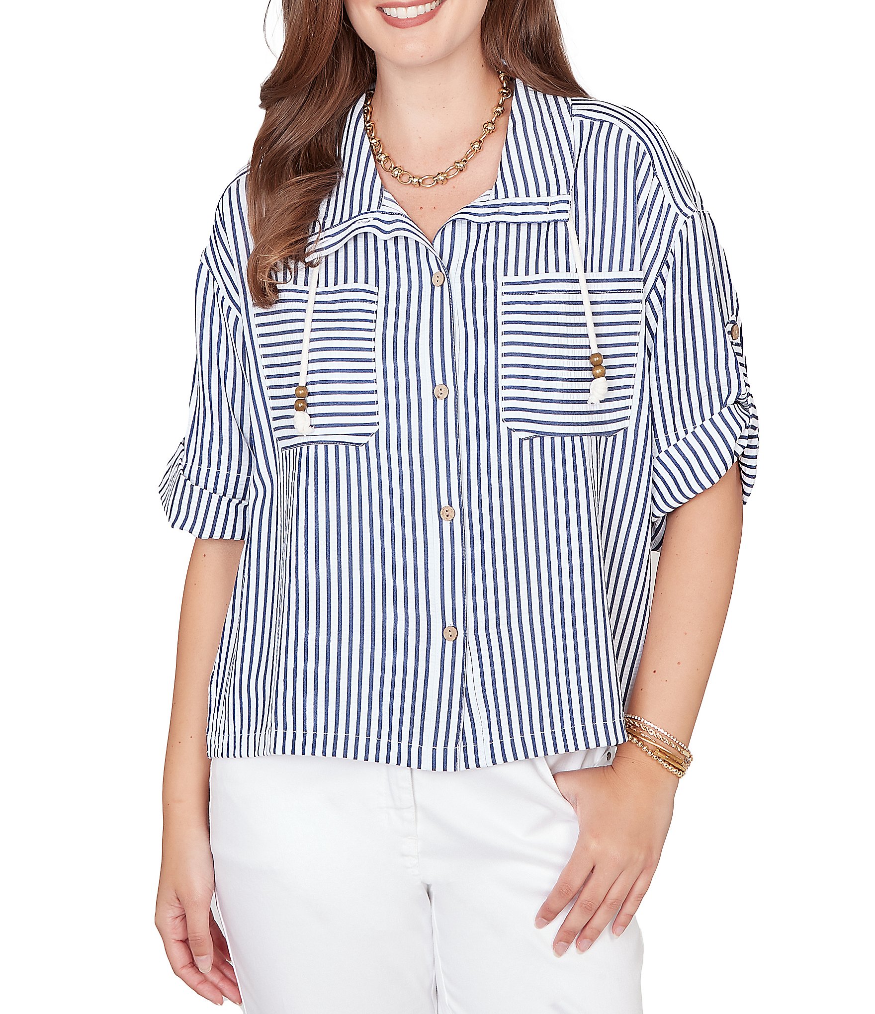 Ruby Rd. Spliced Stripe Spread Collar 3/4 Roll-Tab Sleeve Button-Front Jacket