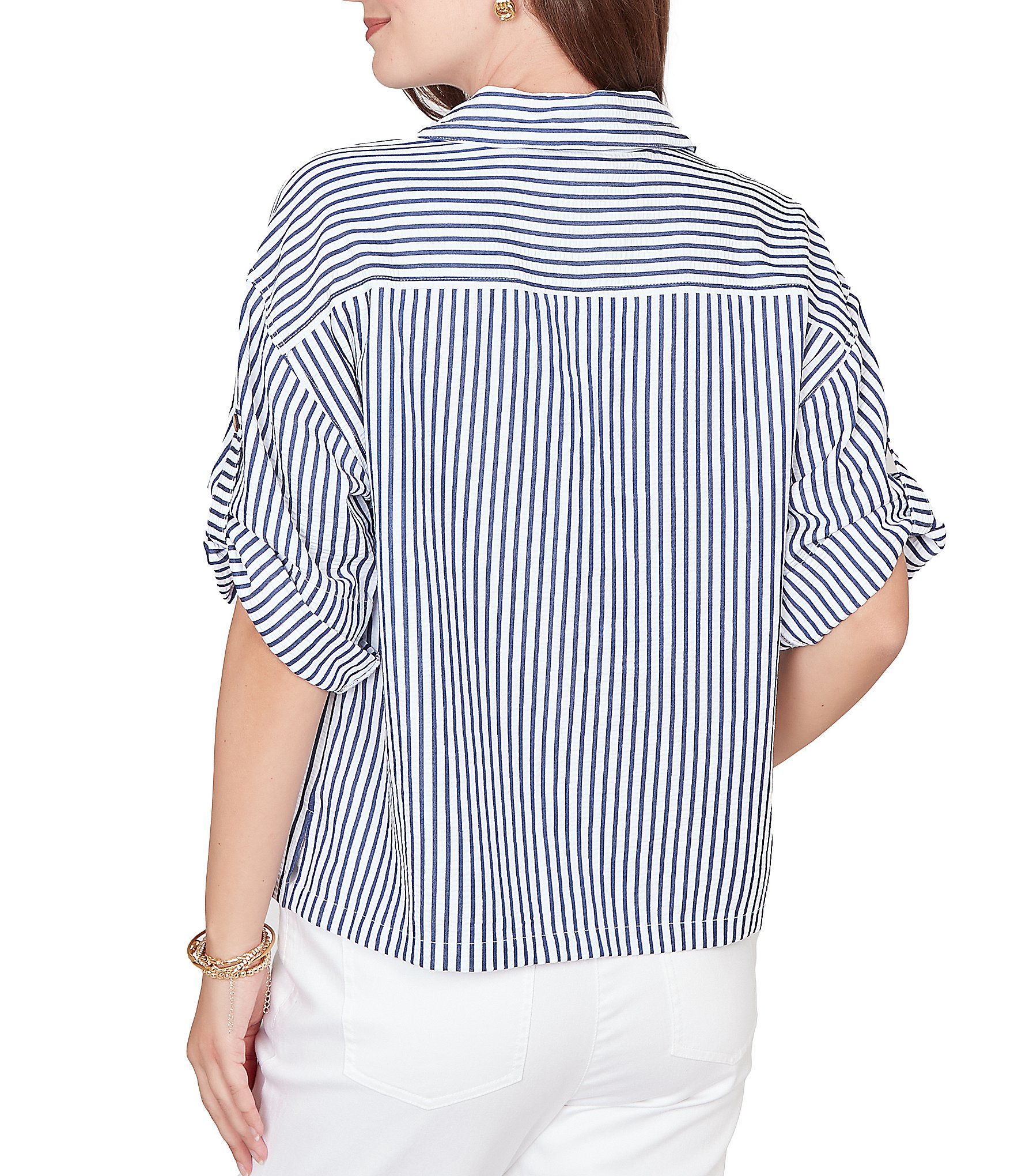 Ruby Rd. Spliced Stripe Spread Collar 3/4 Roll-Tab Sleeve Button-Front Jacket