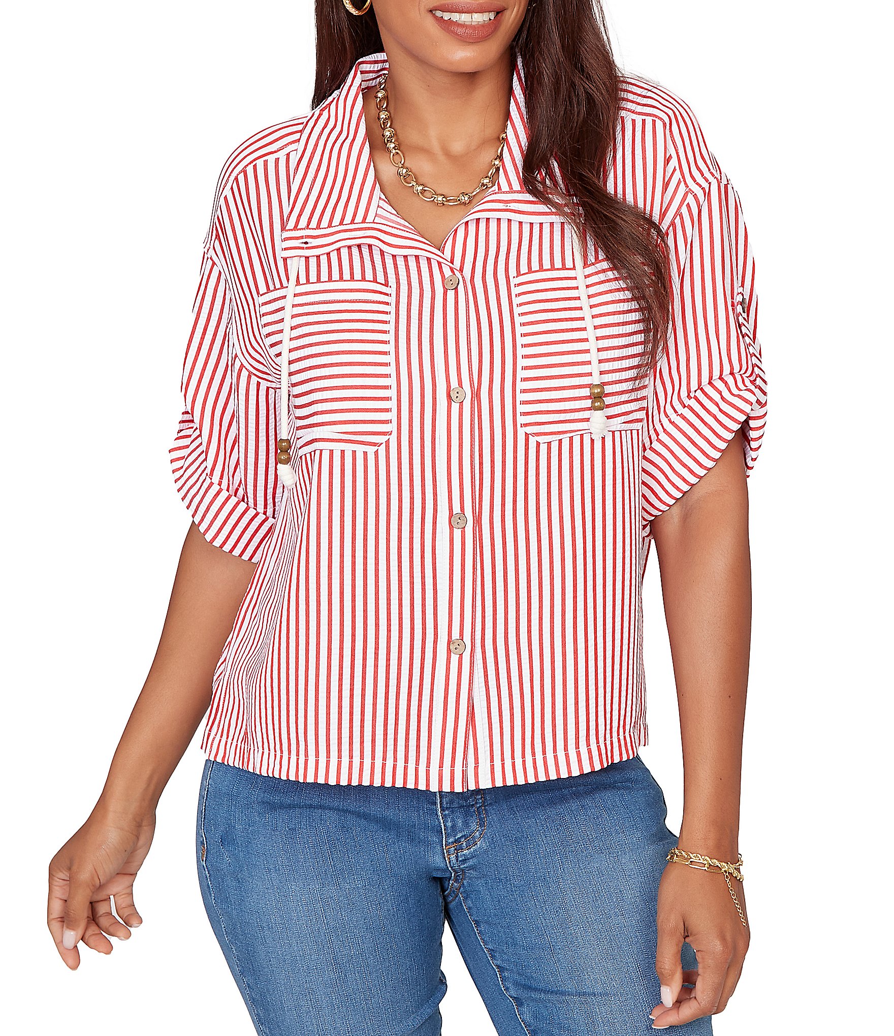 Ruby Rd. Spliced Stripe Spread Collar 3/4 Roll-Tab Sleeve Button-Front Jacket