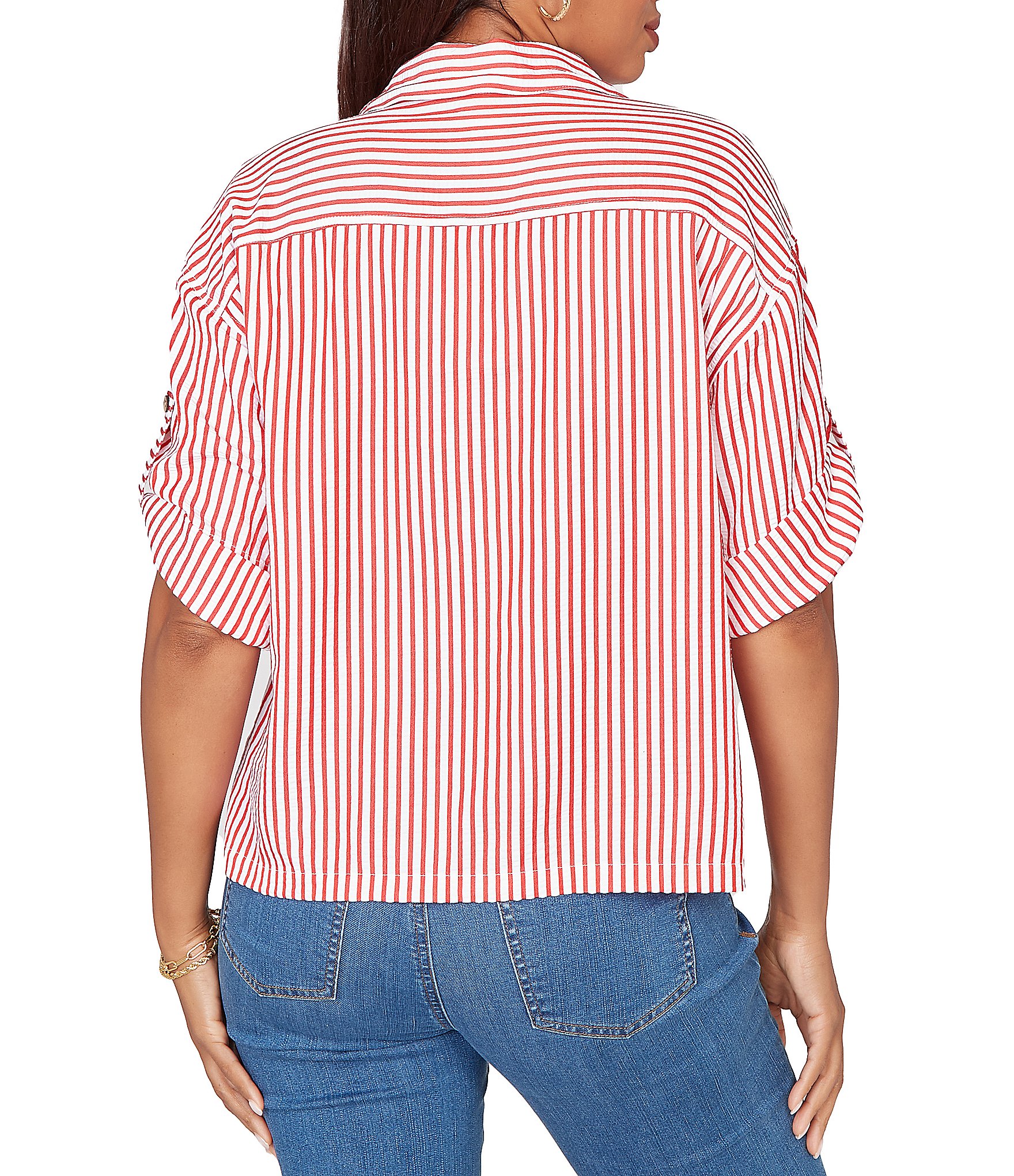 Ruby Rd. Spliced Stripe Spread Collar 3/4 Roll-Tab Sleeve Button-Front Jacket