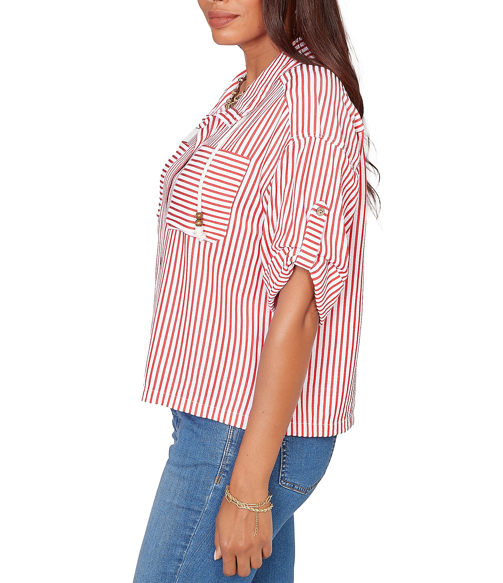 Ruby Rd. Spliced Stripe Spread Collar 3/4 Roll-Tab Sleeve Button-Front Jacket