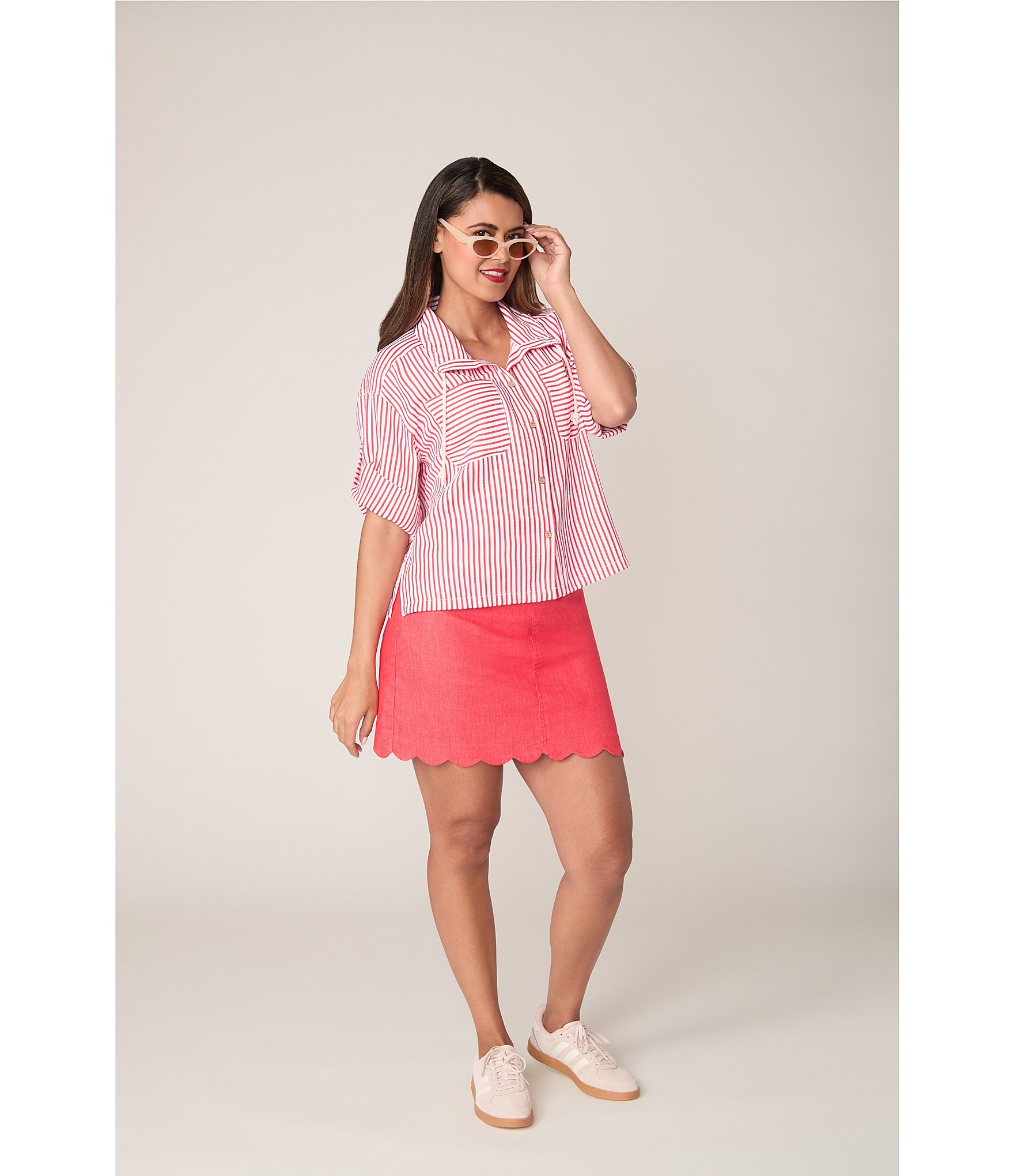 Ruby Rd. Spliced Stripe Spread Collar 3/4 Roll-Tab Sleeve Button-Front Jacket