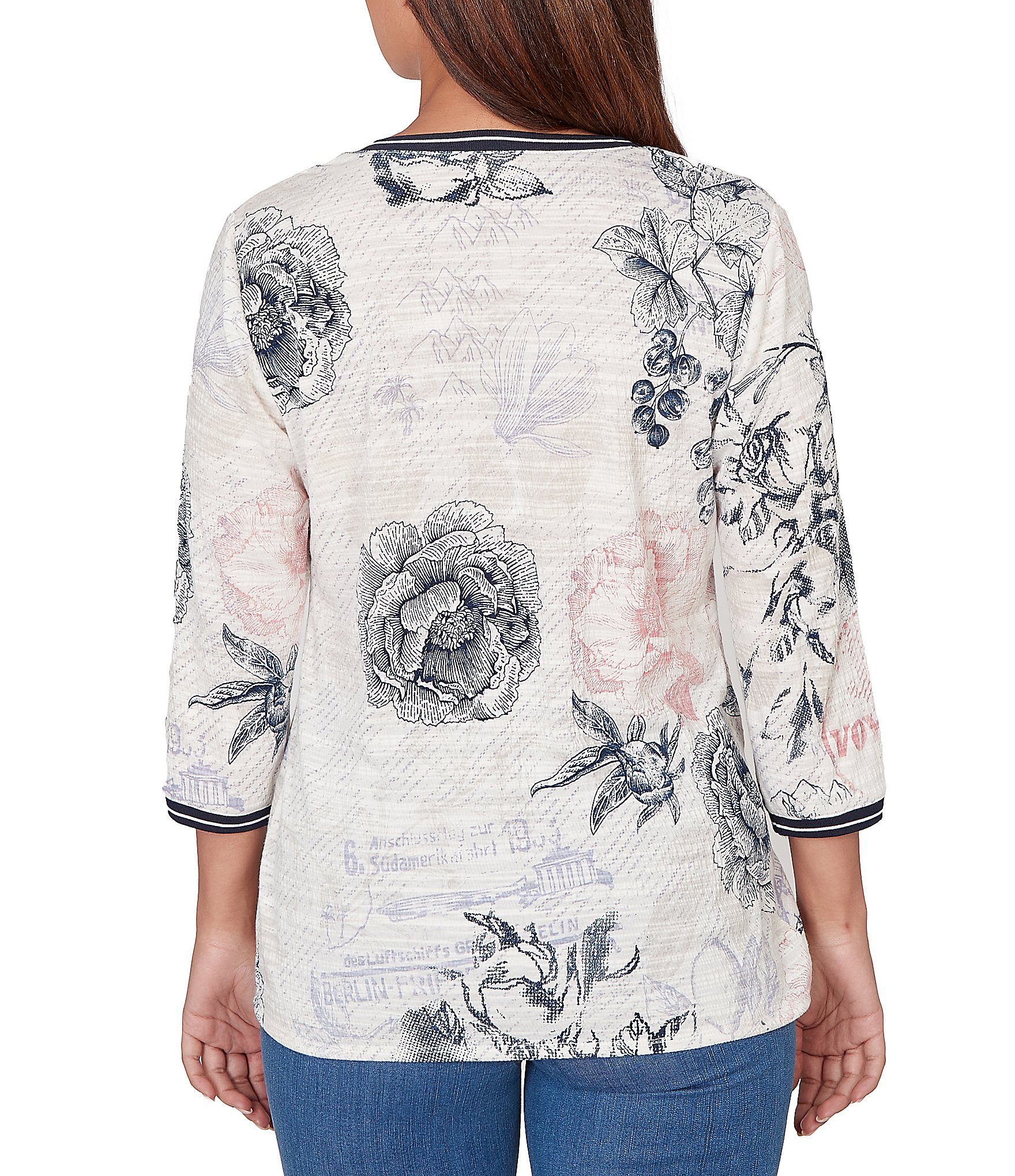 Ruby Rd. Stamp Botanical Floral V-Neck 3/4 Sleeve Knit Top
