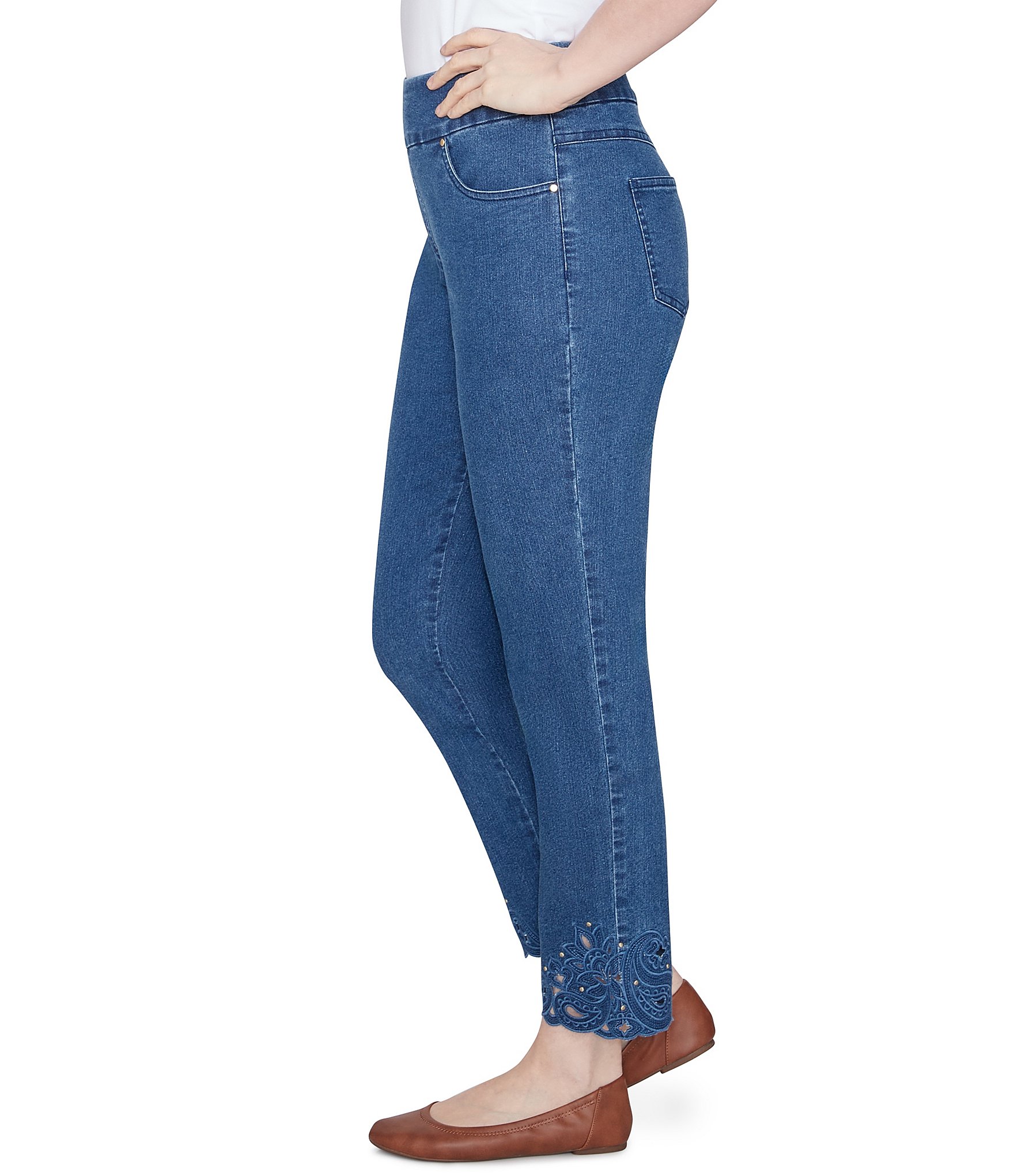 Ruby Rd. Straight Leg Embroidered Scalloped Eyelet Hem Denim Pull-On Pants