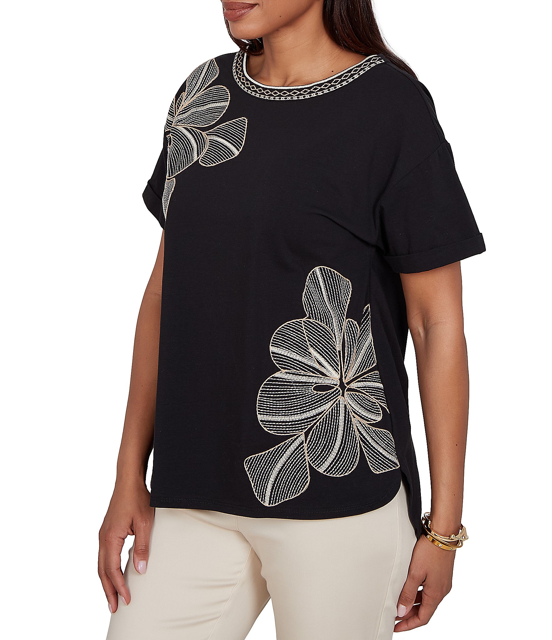 Ruby Rd. Stretch Knit Embroidered Floral Boat Neck Short Sleeve Tee