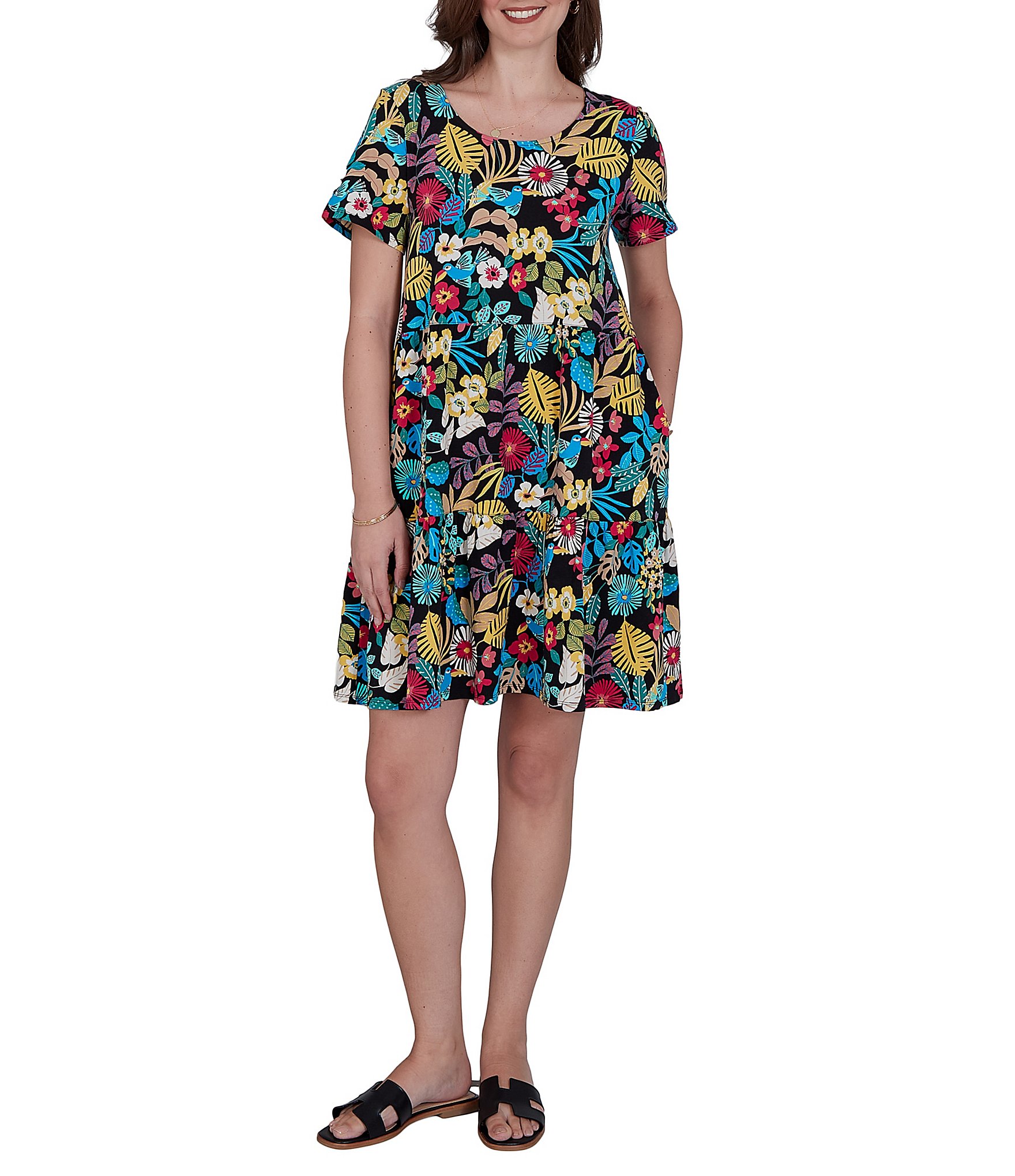 Ruby Rd. Stretch Knit Vibrant Tropical Scoop Neck Short Sleeve Tiered Dress