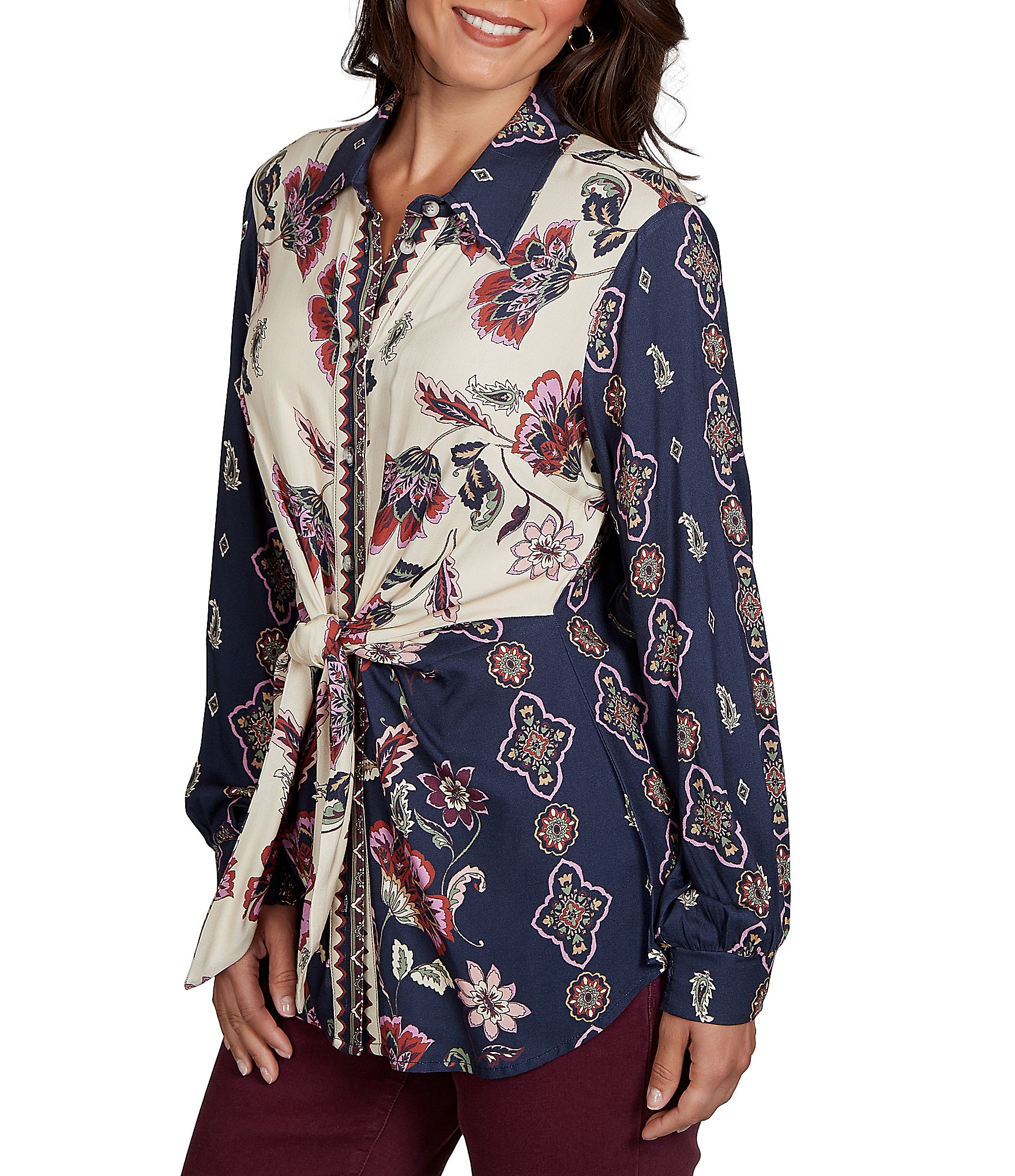 Ruby Rd. Stretch Twill Garden Floral Point Collar Long Sleeve Button Front Shirt