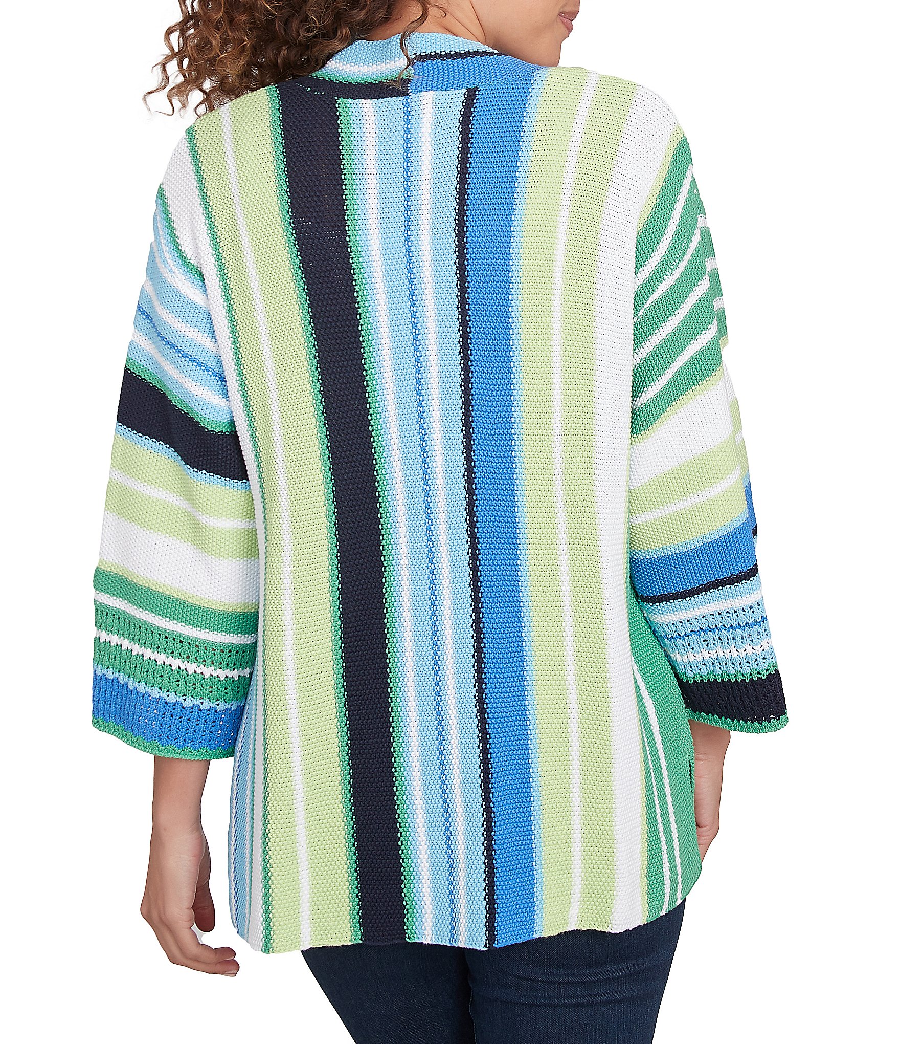 Ruby Rd. Stripe 3/4 Sleeve Open-Front Sweater