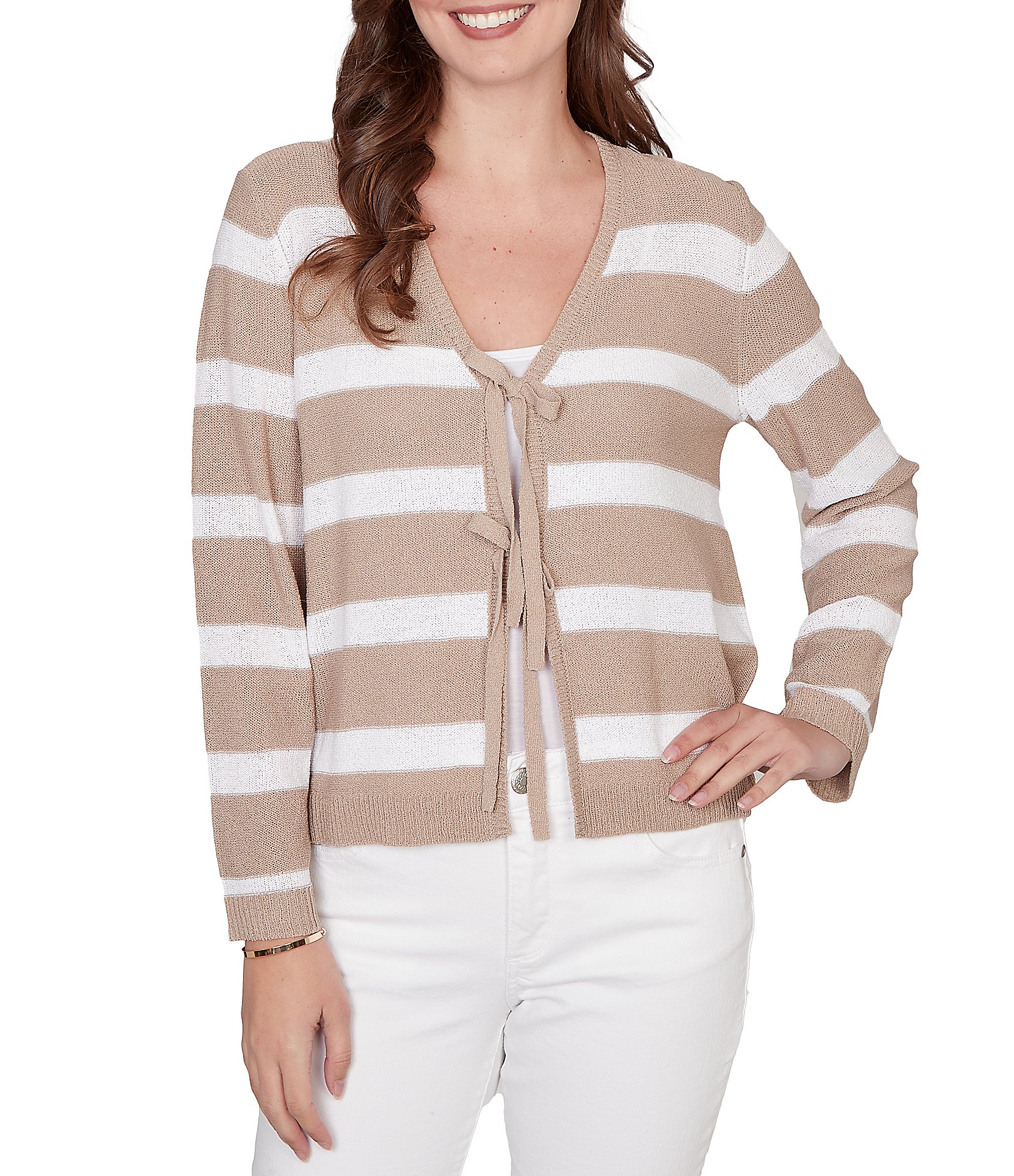 Ruby Rd. Stripe V-Neck Long Sleeve Tie-Front Sweater