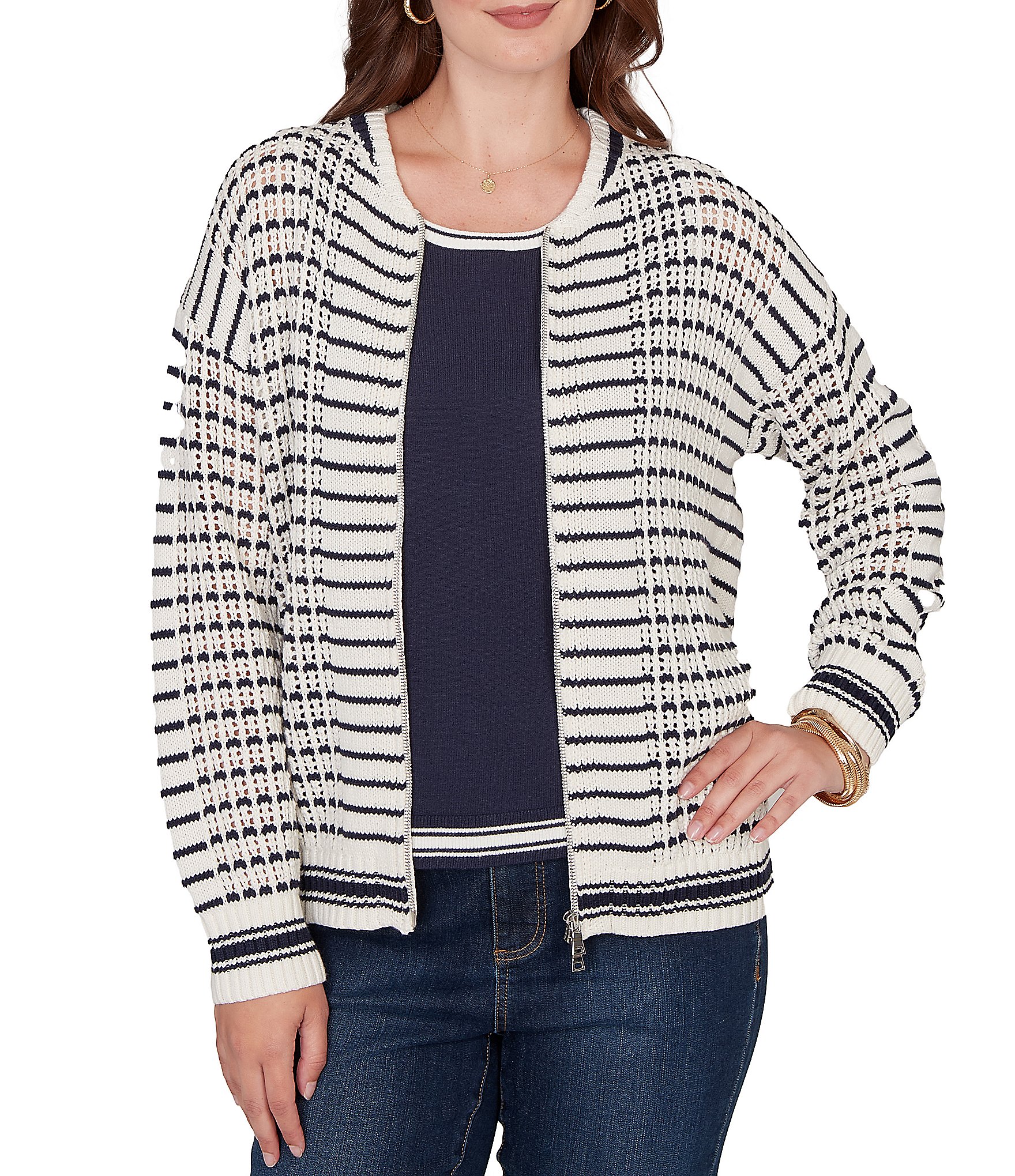 Ruby Rd. Striped Ribbed Long Sleeve Mesh Zip-Up Sweater
