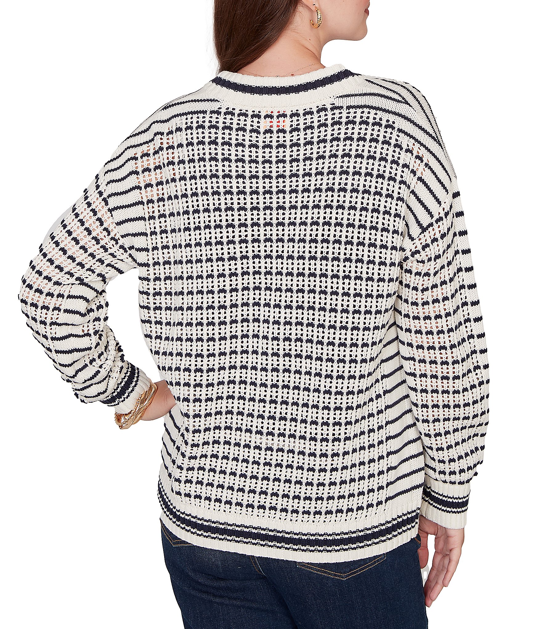 Ruby Rd. Striped Ribbed Long Sleeve Mesh Zip-Up Sweater