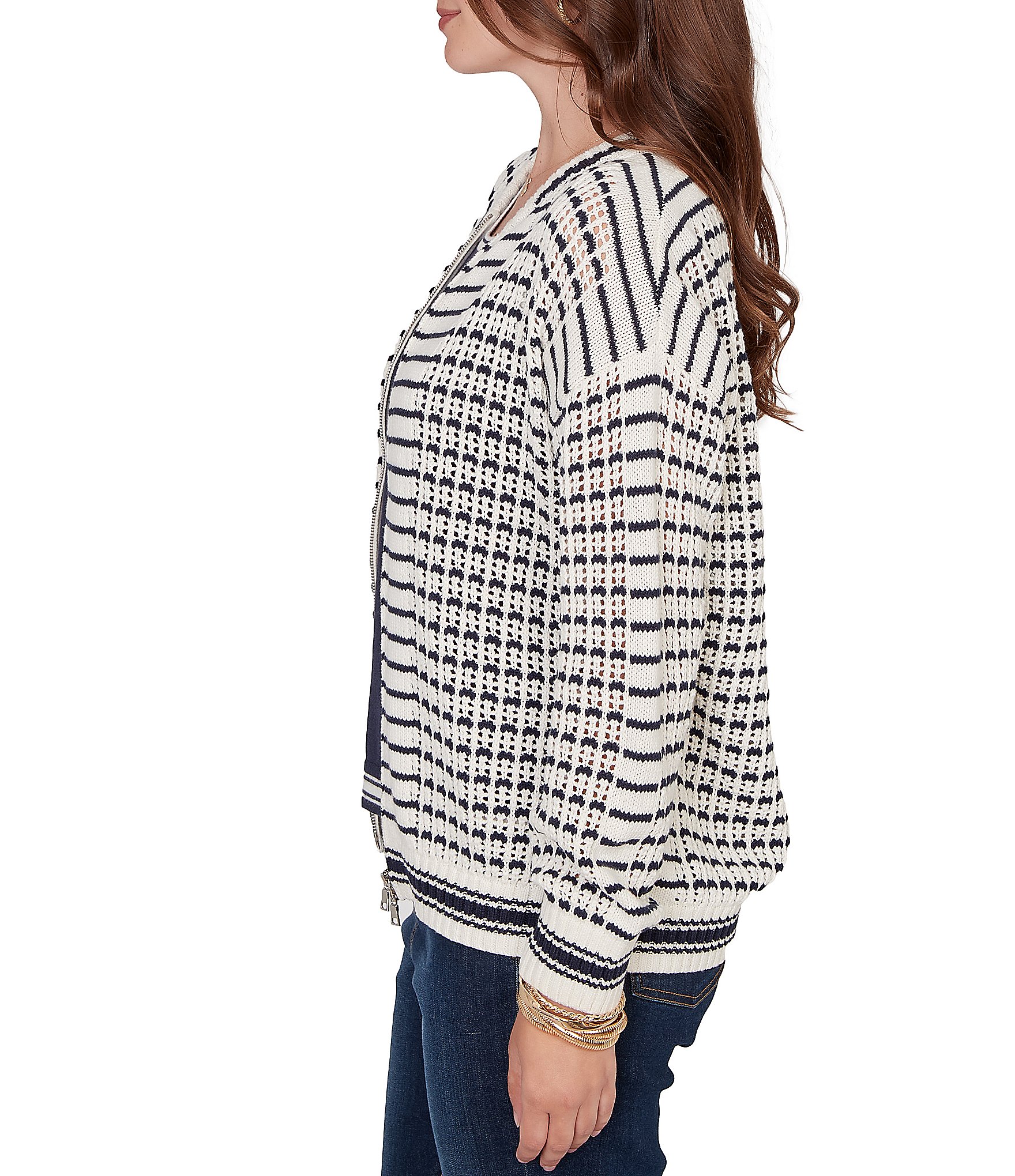 Ruby Rd. Striped Ribbed Long Sleeve Mesh Zip-Up Sweater
