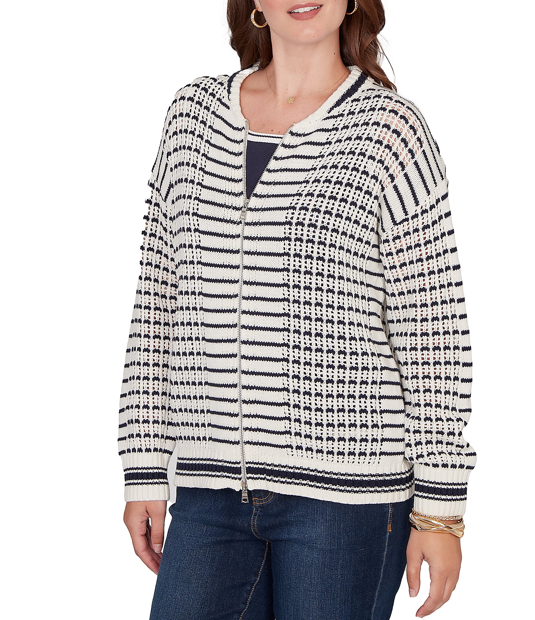 Ruby Rd. Striped Ribbed Long Sleeve Mesh Zip-Up Sweater