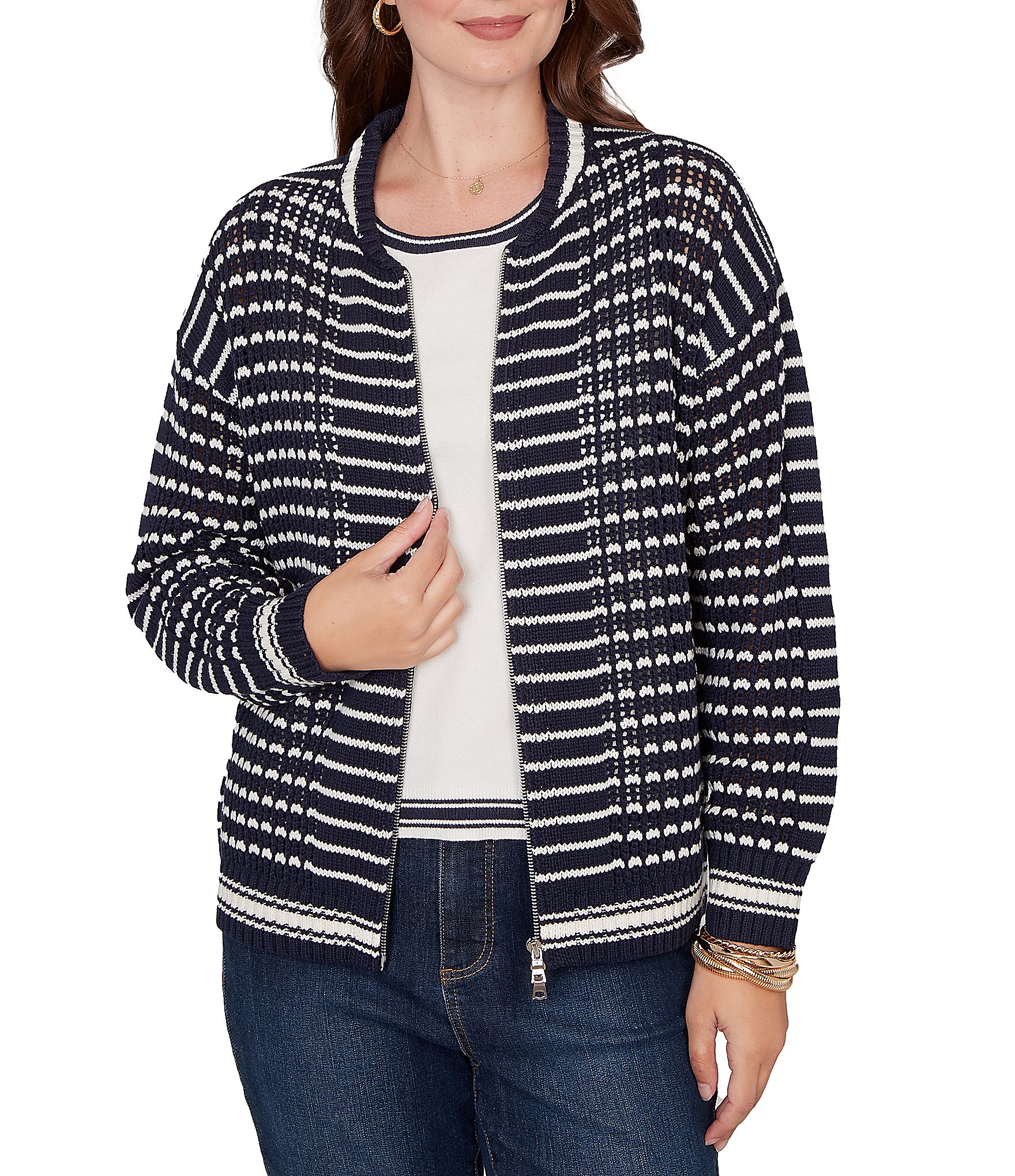 Ruby Rd. Striped Ribbed Long Sleeve Mesh Zip-Up Sweater