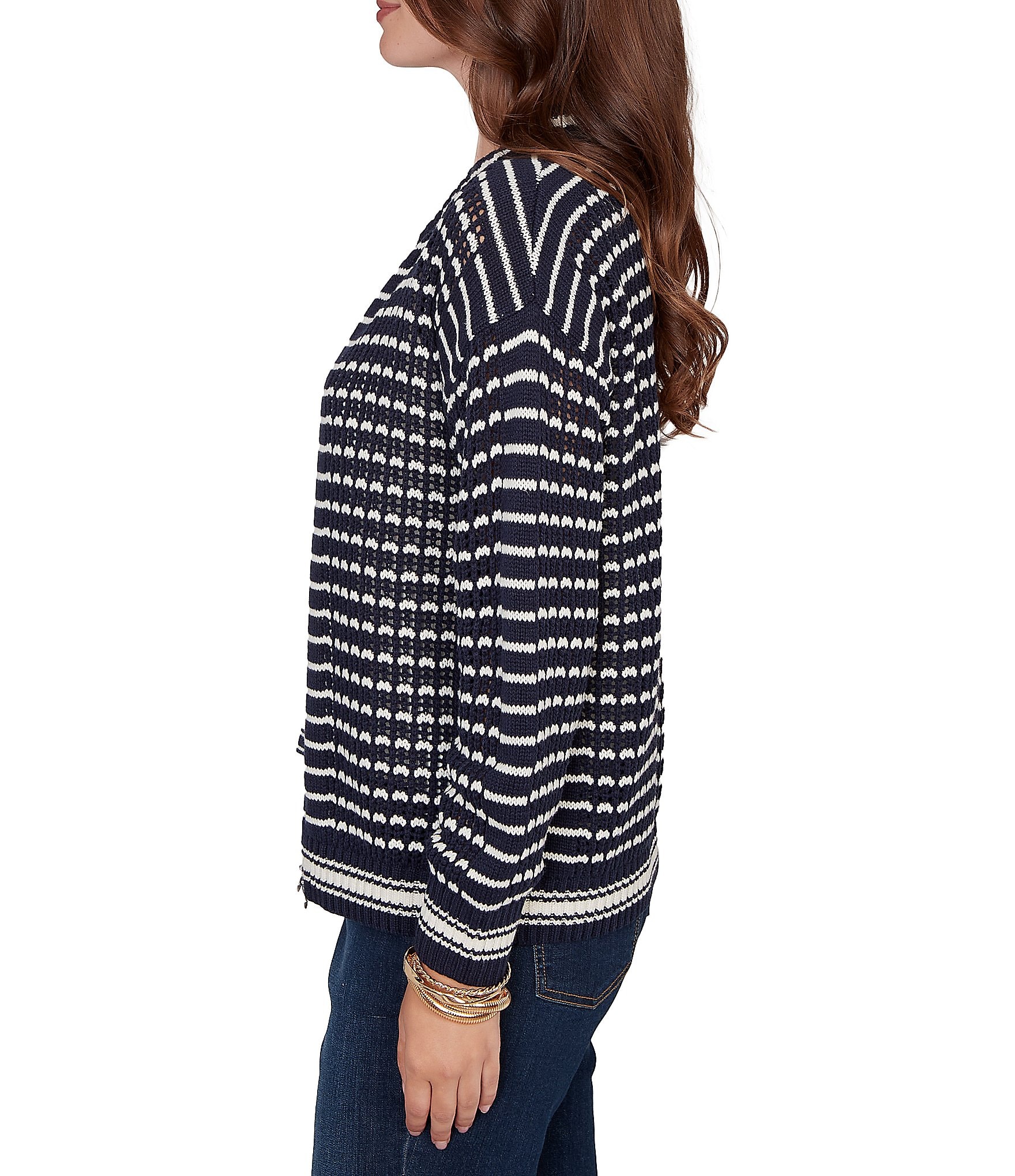 Ruby Rd. Striped Ribbed Long Sleeve Mesh Zip-Up Sweater