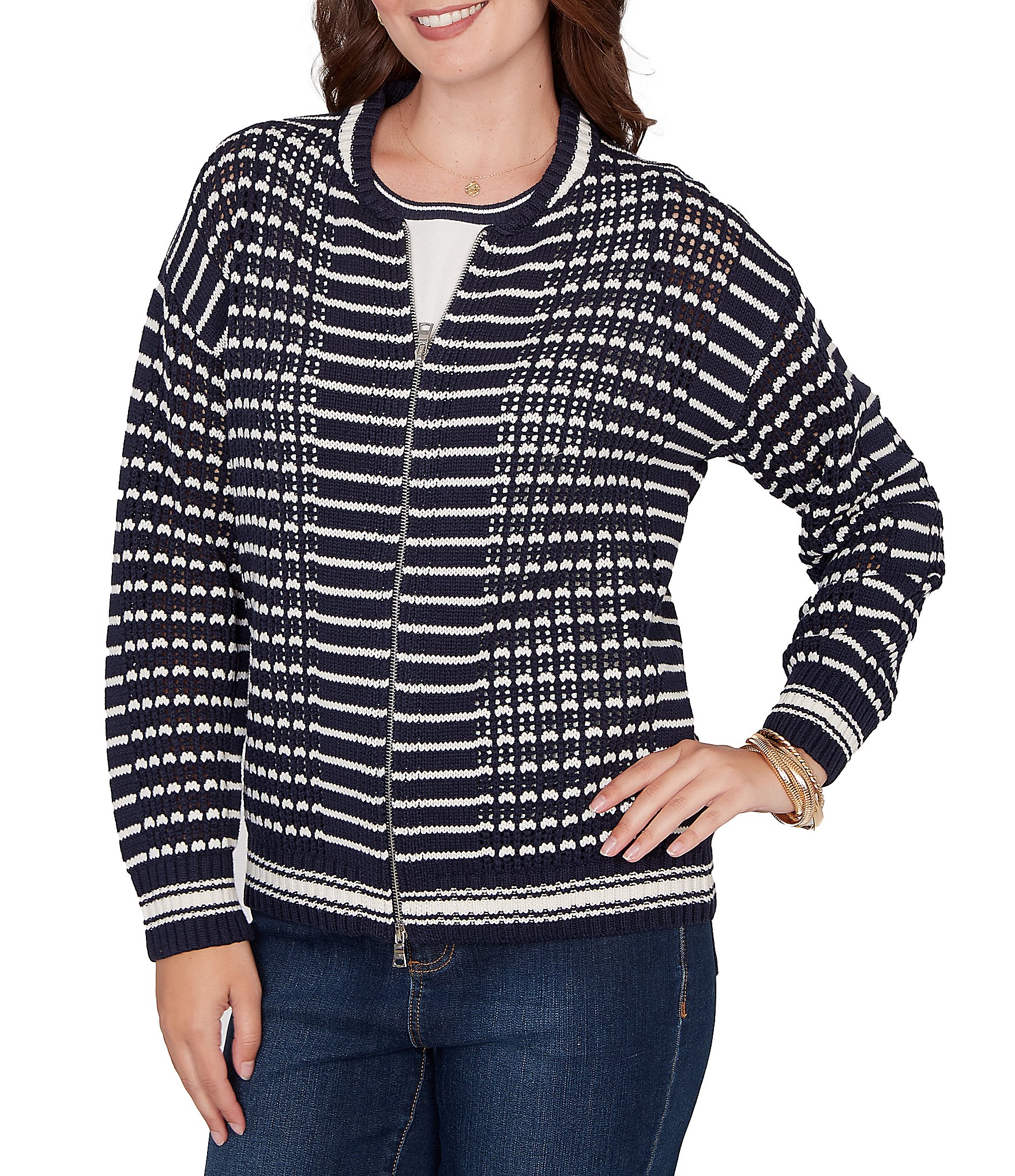 Ruby Rd. Striped Ribbed Long Sleeve Mesh Zip-Up Sweater