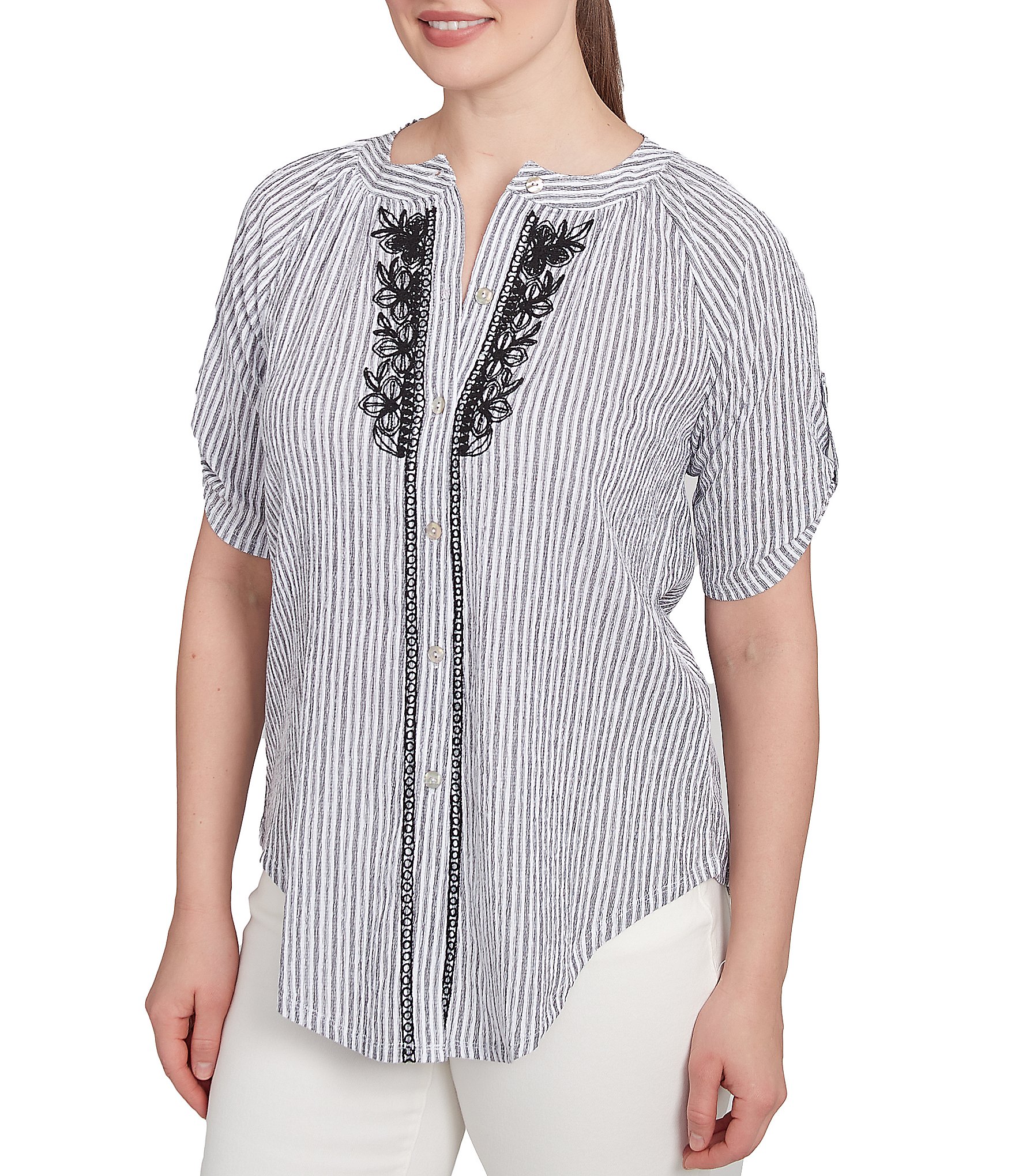 Ruby Rd. Super Soft Puckered Embroidered Stripe Short Roll-Tab Button Front Shirt