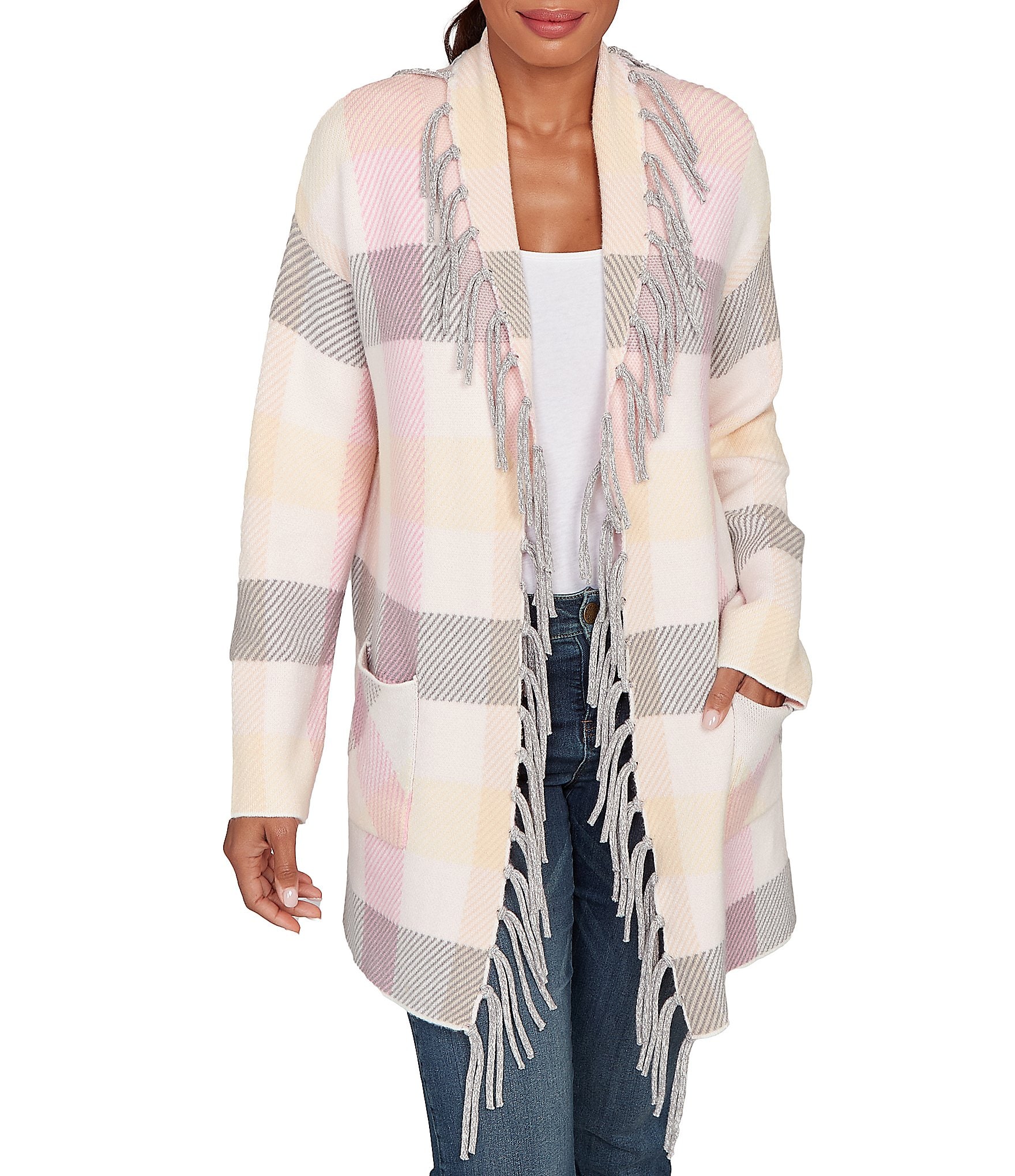 Ruby Rd. Sweet Plaid Print Shawl Collar Fringe Open-Front Cozy Cardigan