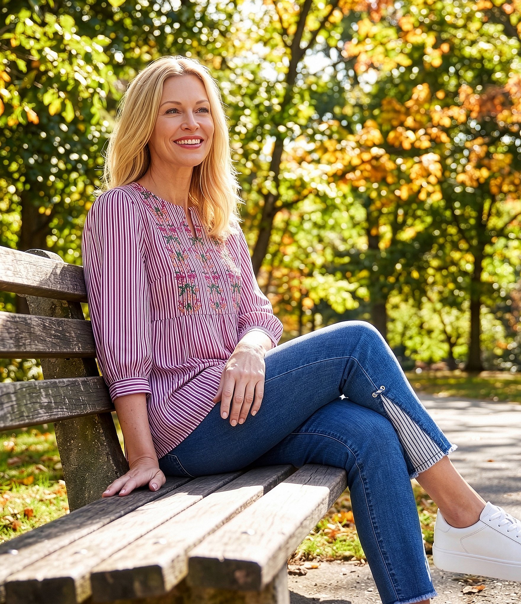 Ruby Rd. Textured Yarn-Dyed Stripe Embroidered Split V-Neck 3/4 Sleeve Blouse