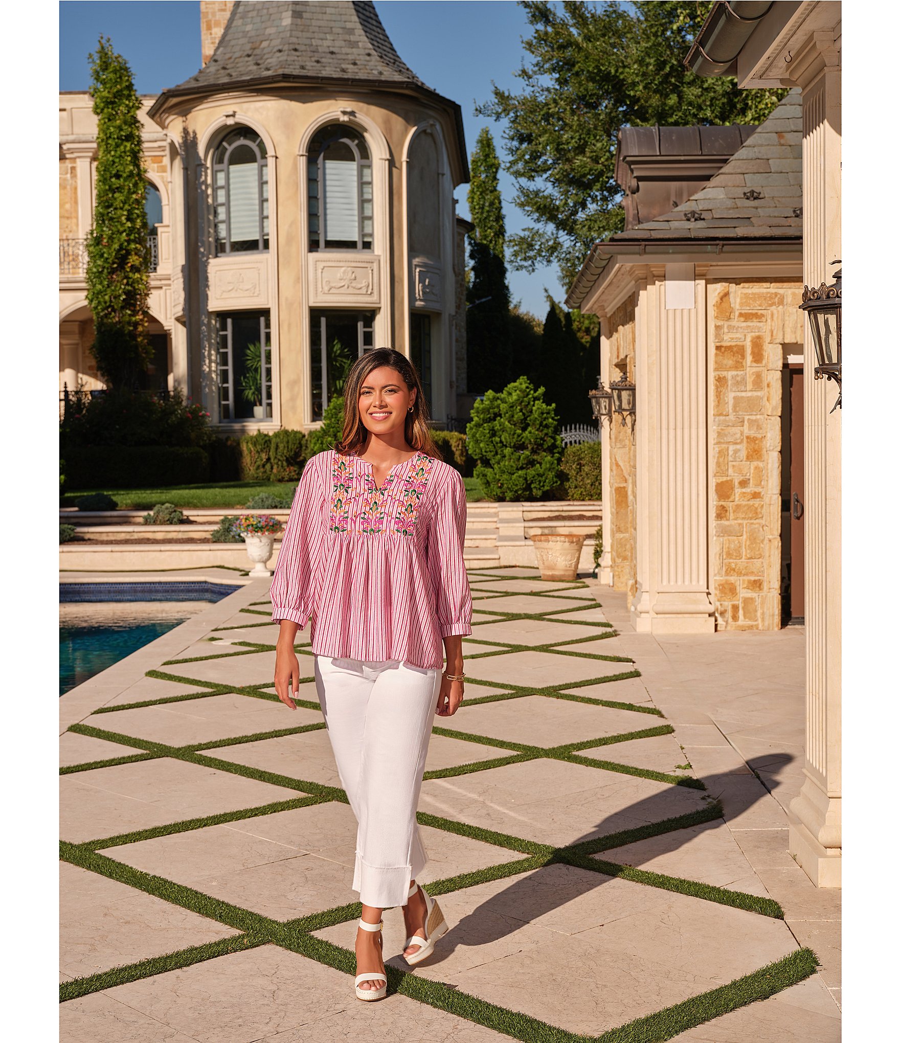 Ruby Rd. Textured Yarn-Dyed Stripe Embroidered Split V-Neck 3/4 Sleeve Blouse