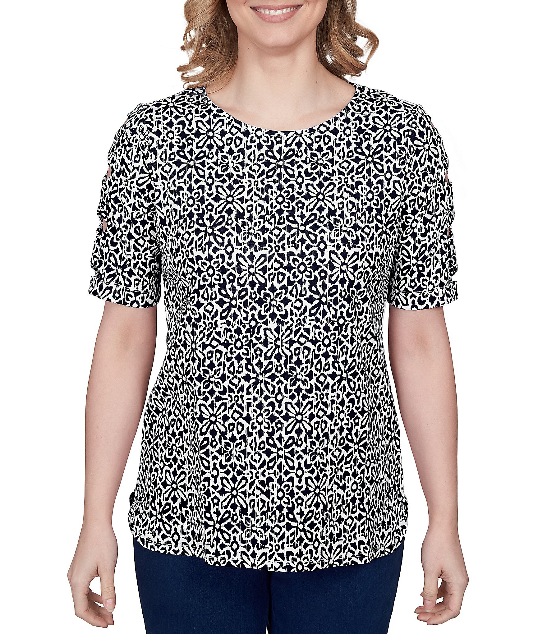 | Short Interlock Cut-Out Print Neck Crew Dillard\'s Knit Shirt Sleeve Ruby Rd. Tile
