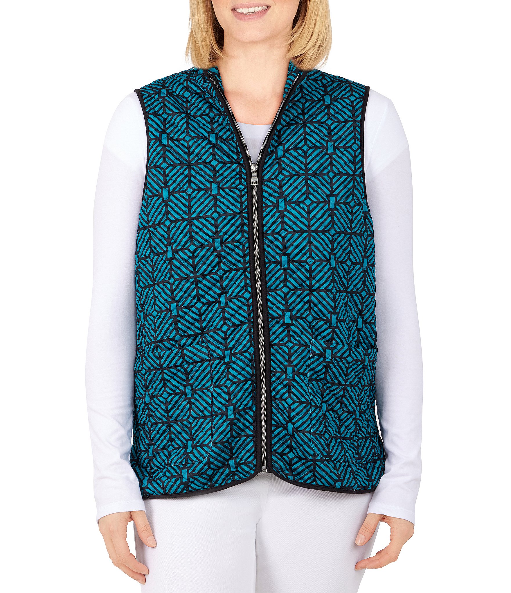 Ruby Rd. Tiled Quilt Print Stand Collar Sleeveless Zip Front Shirttail Hem  Vest | Dillard's