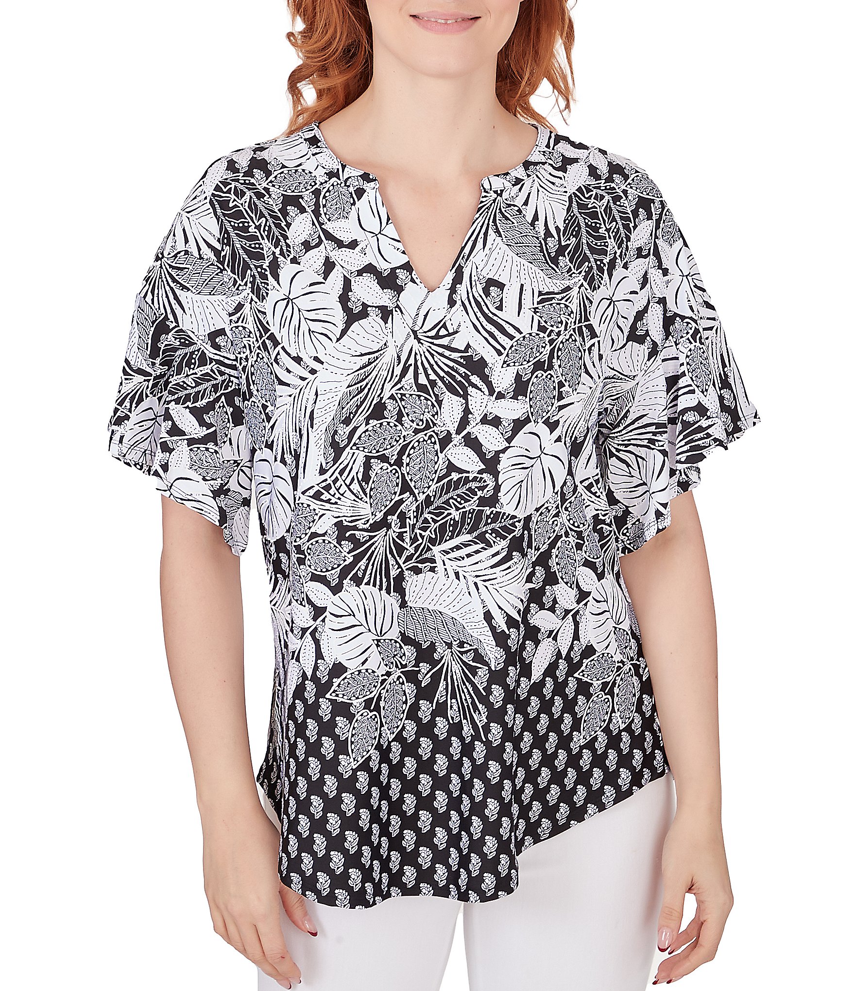 Ruby Rd. Tropical Floral Border Print Split V-Neck Short Flutter Sleeve ...