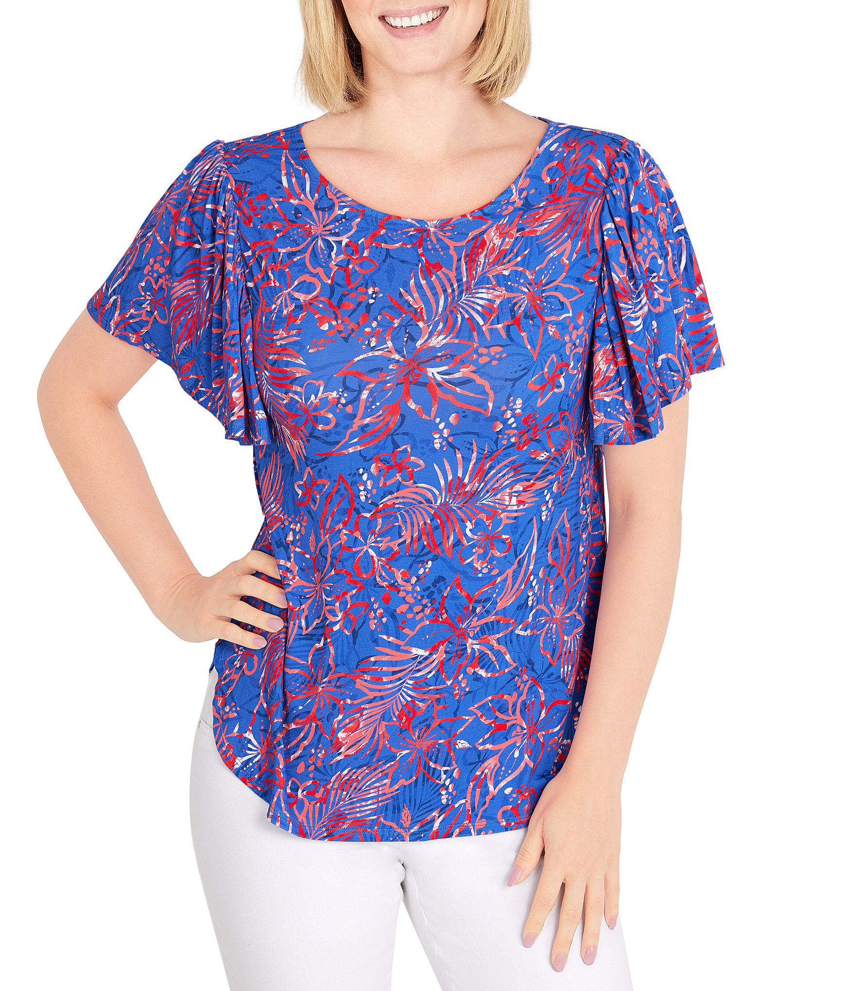Ruby Rd. Tropical Tie Dye Print Short Flutter Sleeve Knit Top | Dillard's