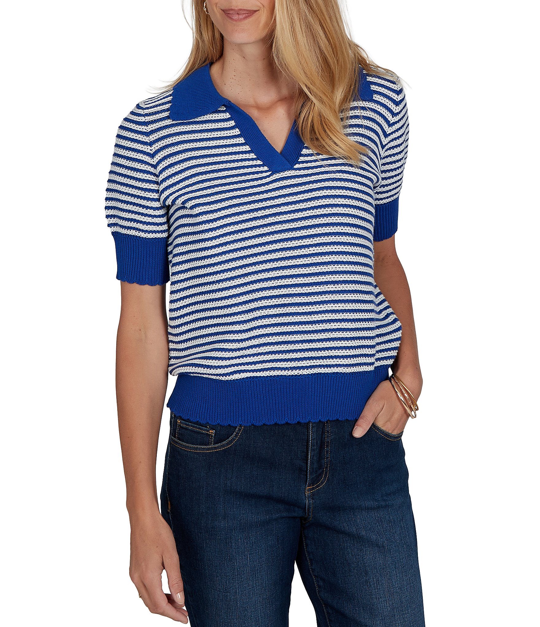 Ruby Rd. Two-Tone Collared V-Neck Elbow Length Sleeve Pullover Sweater