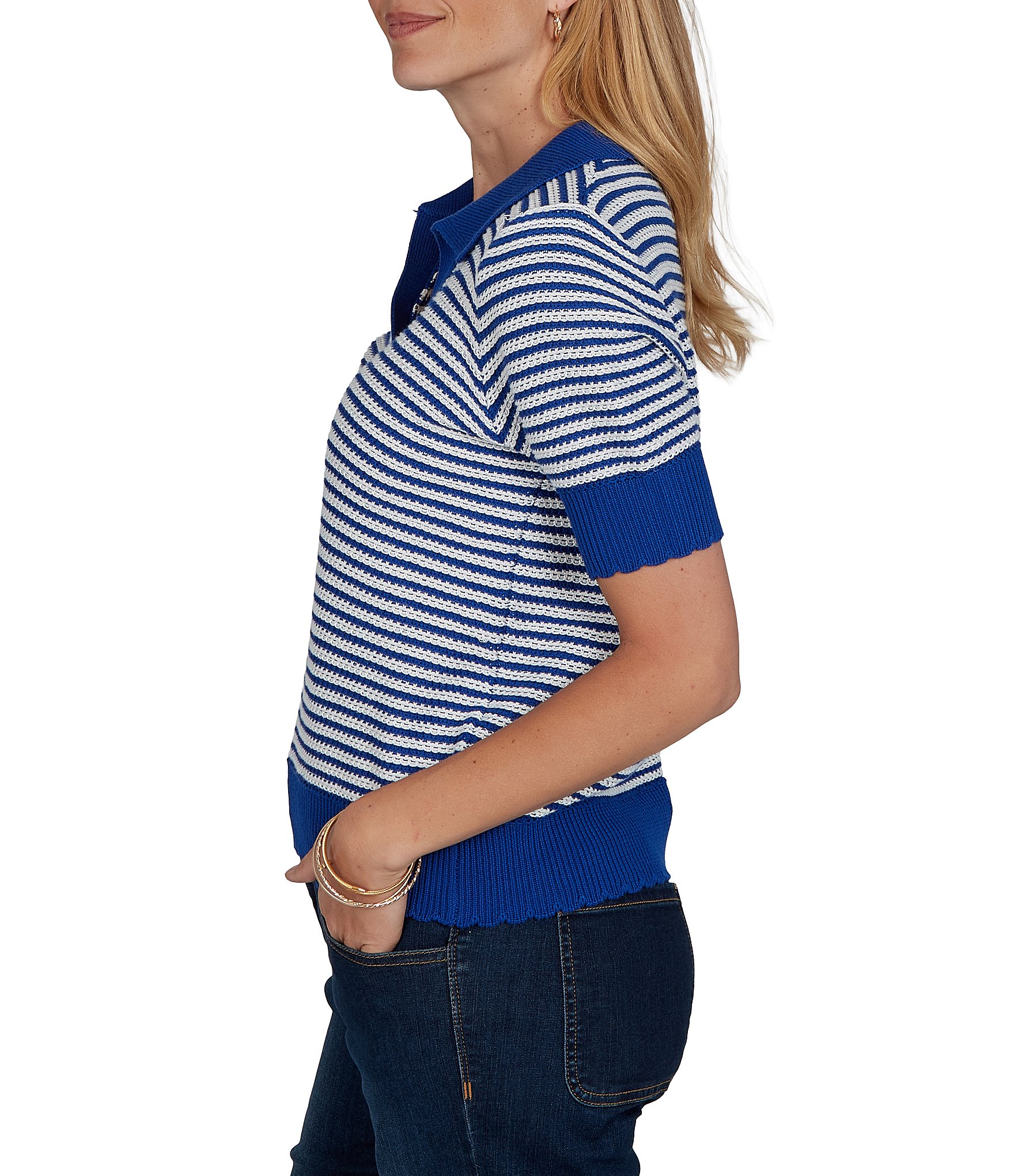 Ruby Rd. Two-Tone Collared V-Neck Elbow Length Sleeve Pullover Sweater